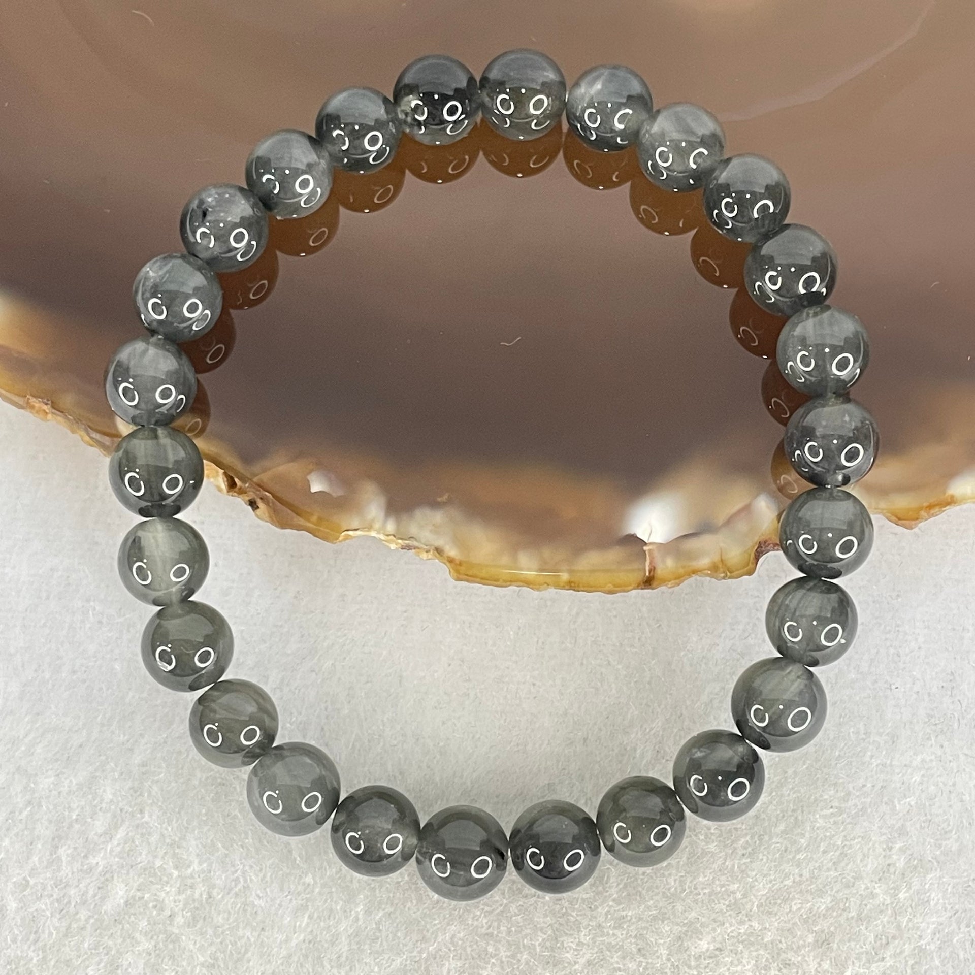 Good Grade Natural Grey Rabbit Hair Rutilated Quartz Beads Bracelet 12.65g 15.5cm 7.3mm 26 Beads - Huangs Jadeite and Jewelry Pte Ltd