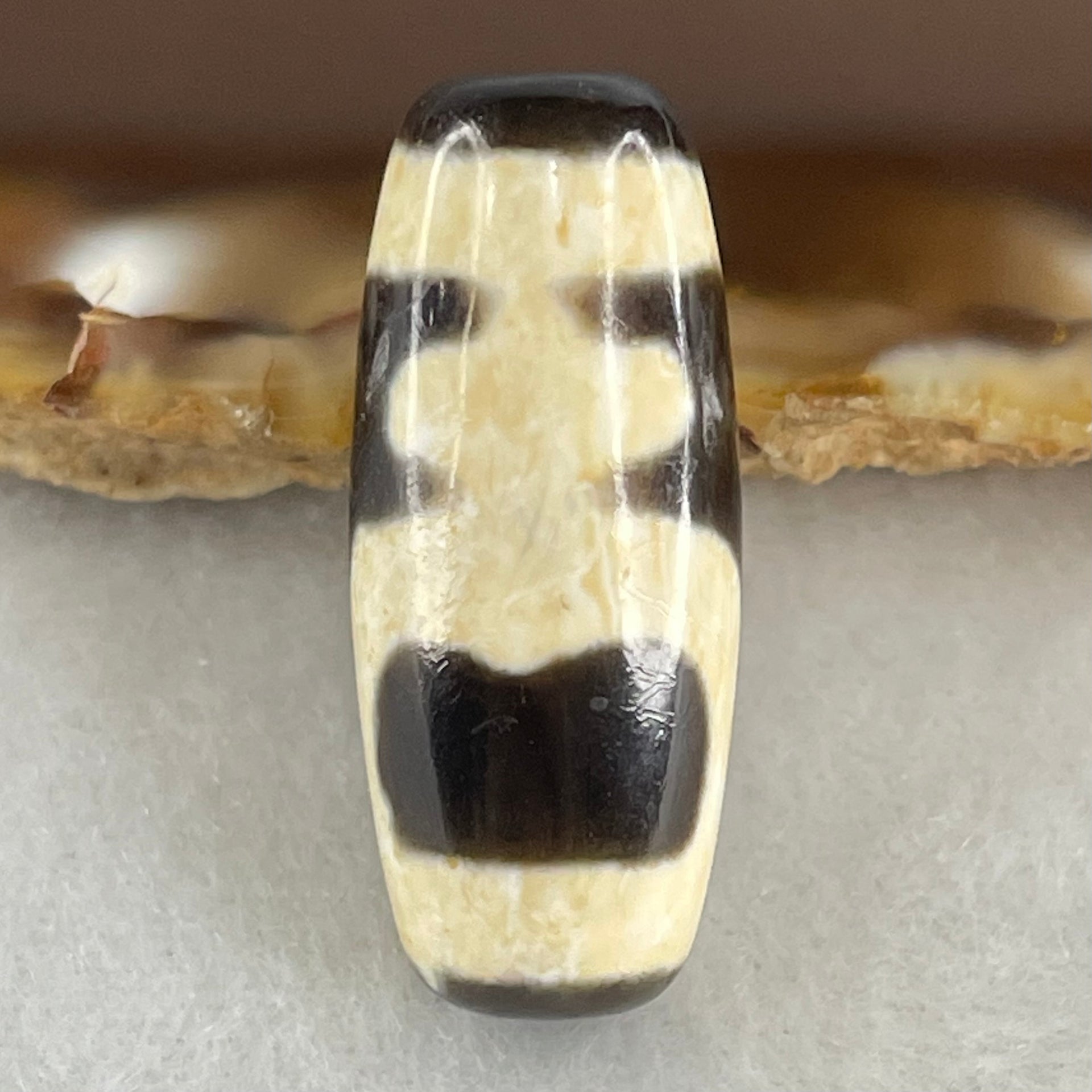 Natural Powerful Tibetan Old Oily Agate Double Nectar Vessel Dzi Bead Heavenly Master (Tian Zhu) 双花蜜容器眼天 5.78g 28.0 by 11.7mm - Huangs Jadeite and Jewelry Pte Ltd