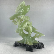 Natural Light Green Serpentine Javan Mynah Twin Birds on Flower Tree with Wooden Stand Display 1,043.4g 115.0 by 125.0 by 210.0mm - Huangs Jadeite and Jewelry Pte Ltd