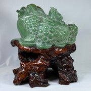 Natural Green Aventurine 3 Legged Toad with Baby Display with Wooden Stand 19.453,2g 320.0 by 300.0 by 345.0mm - Huangs Jadeite and Jewelry Pte Ltd