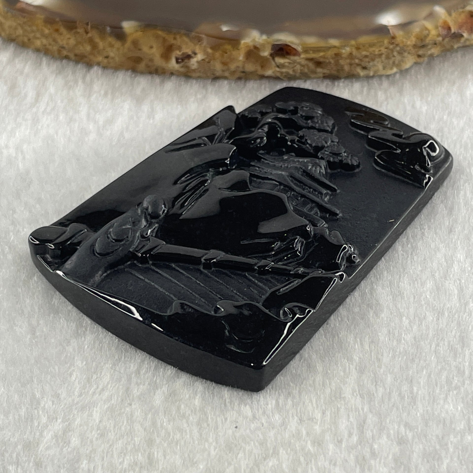 Type A Opaque to Partial Translucent Black Omphacite Jadeite Shan Shui with Guiren Benefactor Pendant 23.01g 60.5 by 42.6 by 6.2mm - Huangs Jadeite and Jewelry Pte Ltd