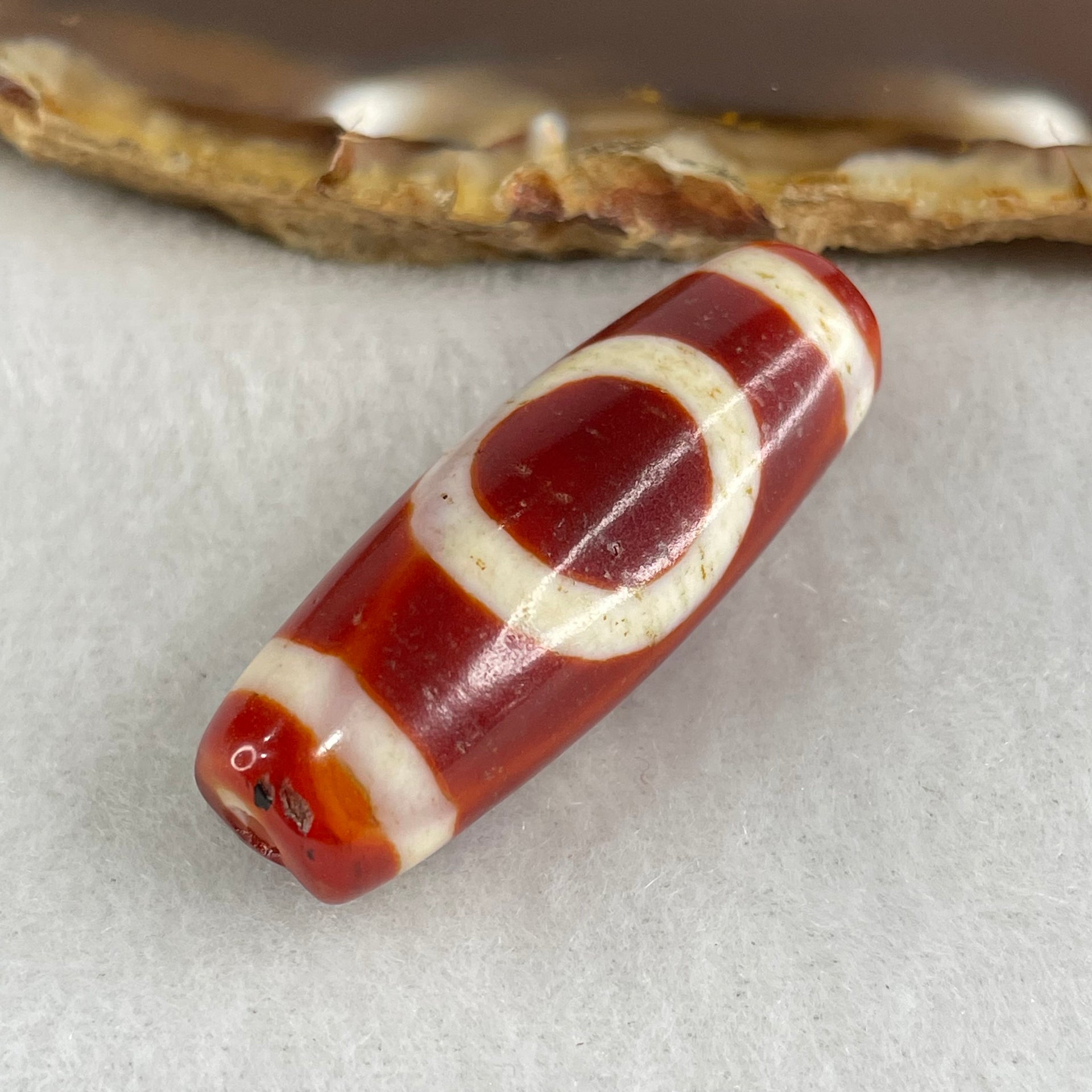 Natural Powerful Tibetan Old Oily Red White Agate One Eye Gold Metal Element Dzi Bead Heavenly Master (Tian Zhu) 一眼金天珠 10.81g 38.0 by 13.5mm - Huangs Jadeite and Jewelry Pte Ltd
