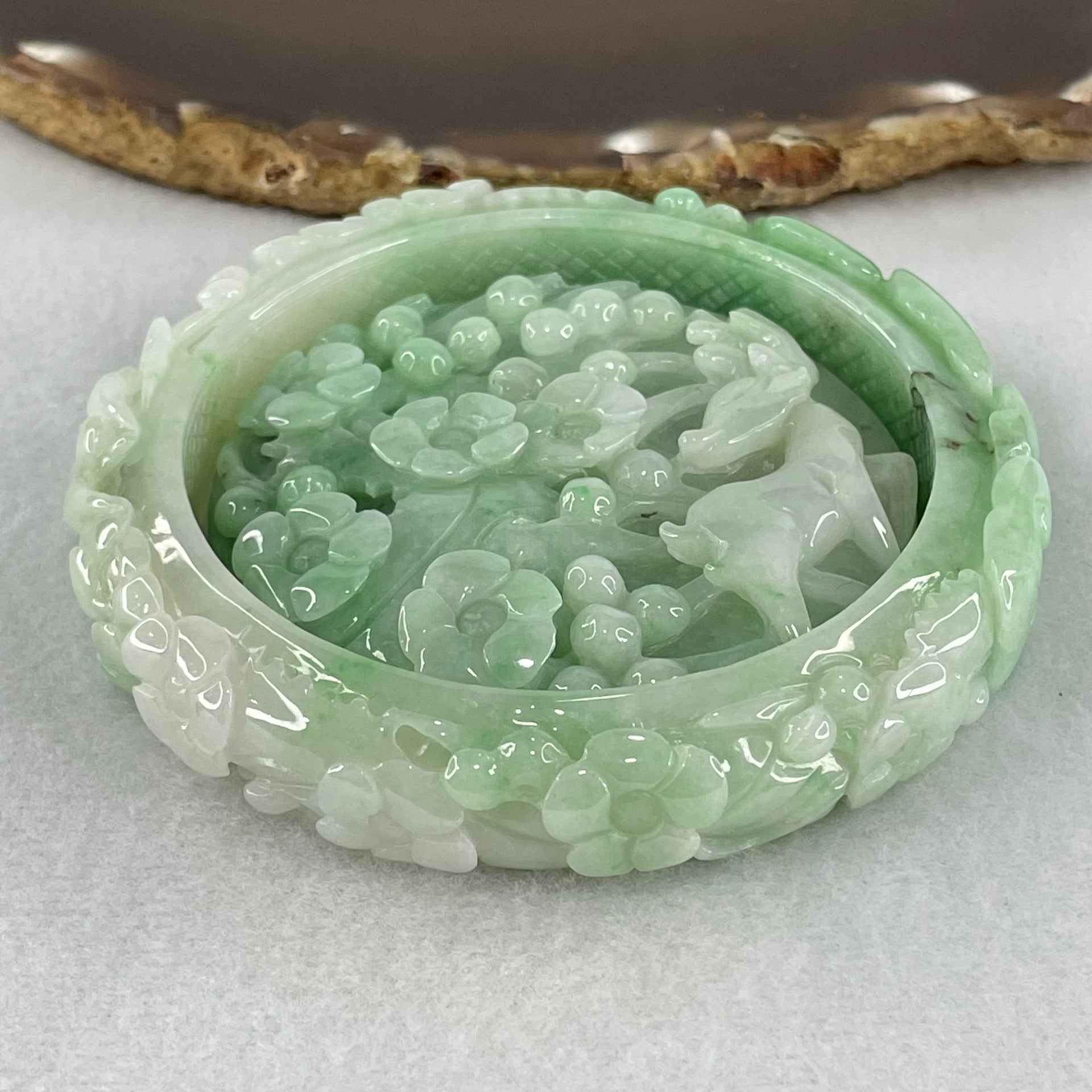 Type A Green with Faint Lavender Jadeite Deer with Ruyi and Flowers Bangle Inner Diameter 60.5mm 12.9 by 10.6mm and Pendant 58.6 by 12.9mm Total 153.67g - Huangs Jadeite and Jewelry Pte Ltd