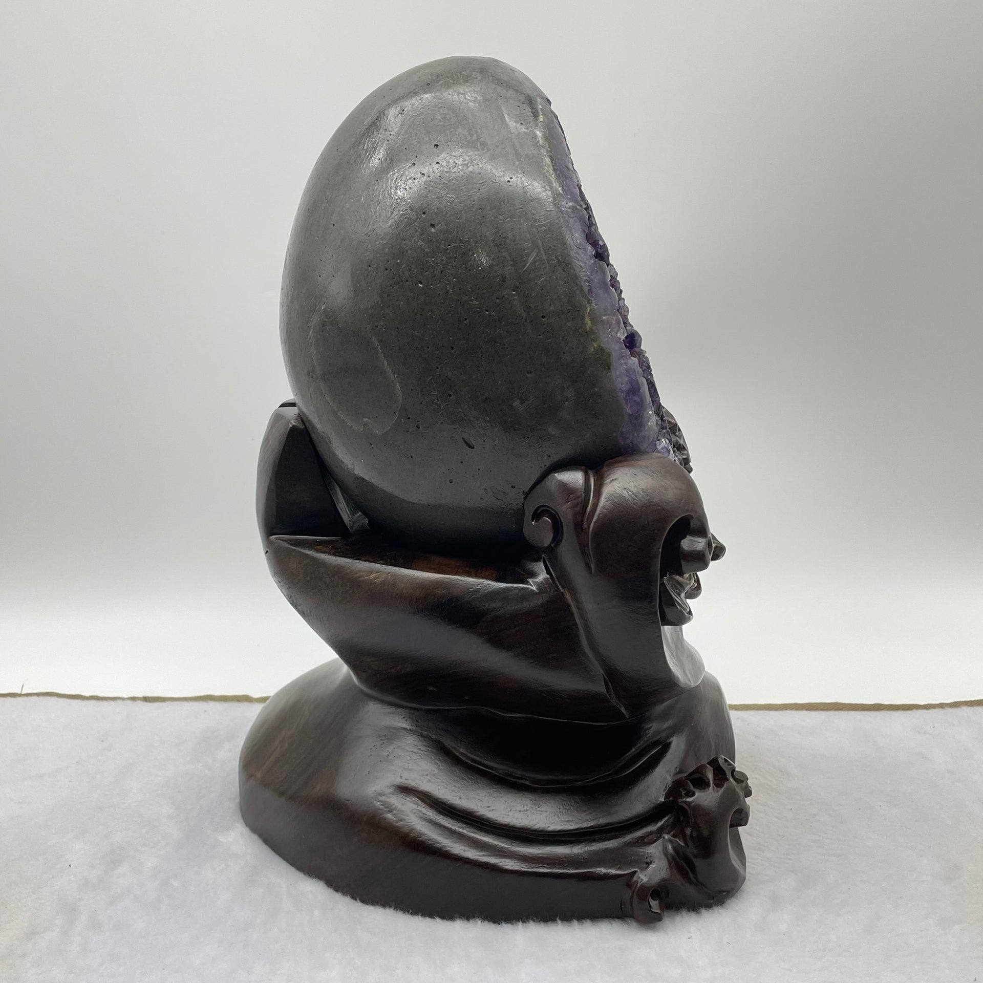 Natural Deep Purple Amethyst Egg with Wooden Stand Display Total 6,107.6g 175.0 by 200.0 by 270.0mm - Huangs Jadeite and Jewelry Pte Ltd