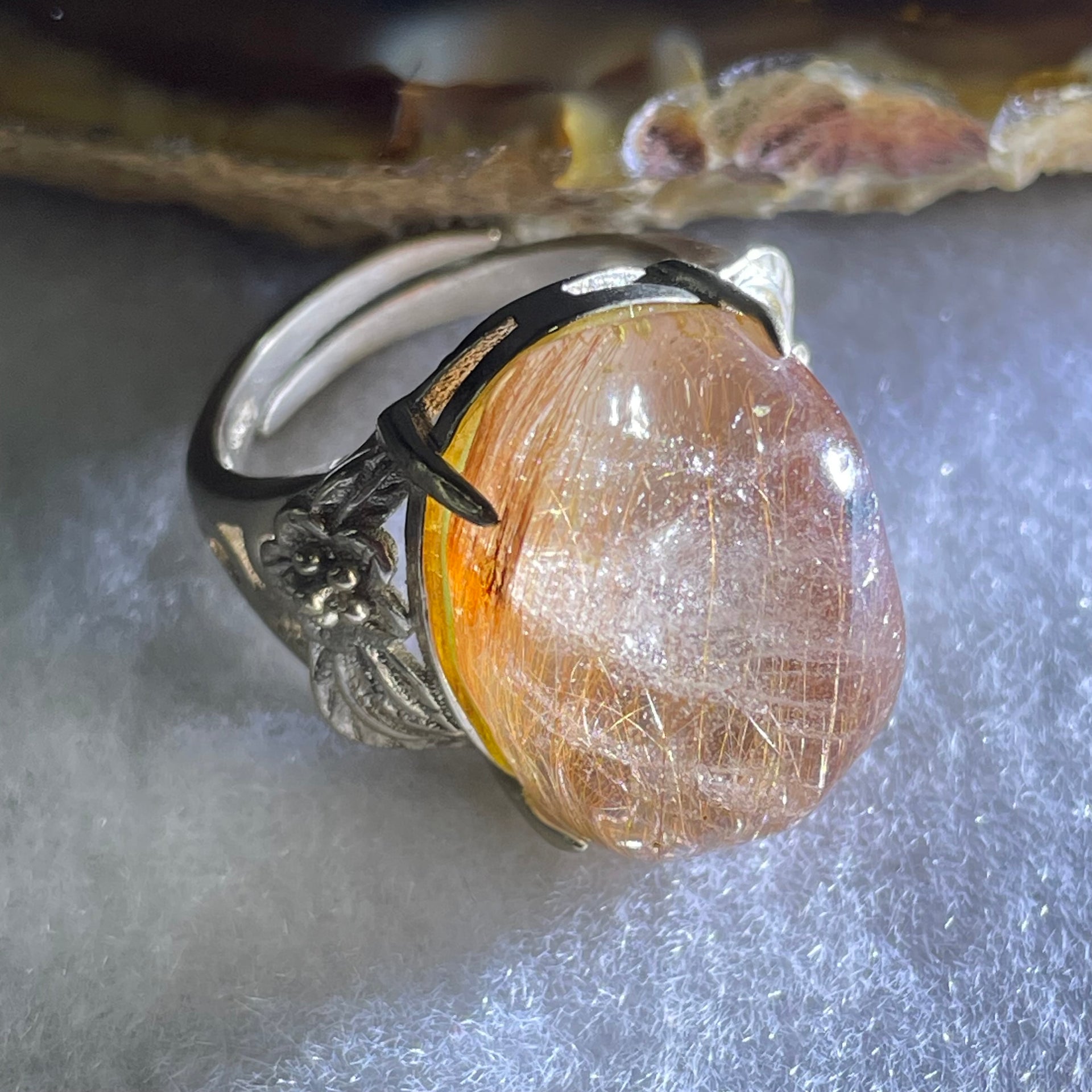 Average Grade Natural Copper Rutilated Quartz Cabochon in S925 Silver Flower design Ring (Adjustable Size) 8.20g 19.0 by 14.1 by 11.5mm - Huangs Jadeite and Jewelry Pte Ltd