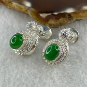 Type A Natural Full Old Mine Spicy Green Jadeite Cabochon 8.8 by 6.7 by 4.0mm Stone for Setting 20.97g (On Silver Earrings Mold) - Huangs Jadeite and Jewelry Pte Ltd