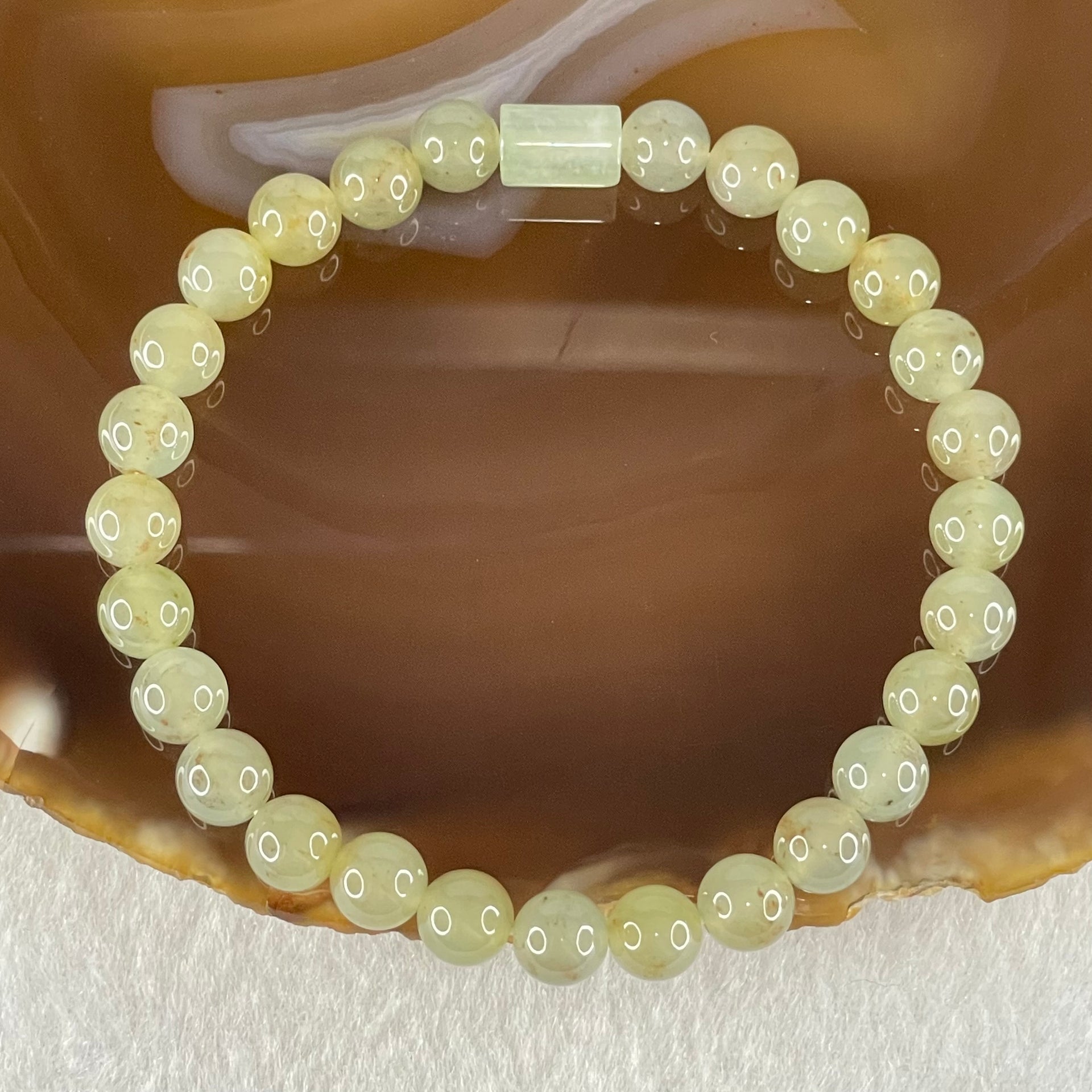 Type A Brownish Semi Icy Light Blueish Green and Yellow Jadeite Beads with White Lulu Tong Bracelet 13.12g 15.5cm 6.5cm 27 Beads 8.5 by 5.8 1pcs - Huangs Jadeite and Jewelry Pte Ltd