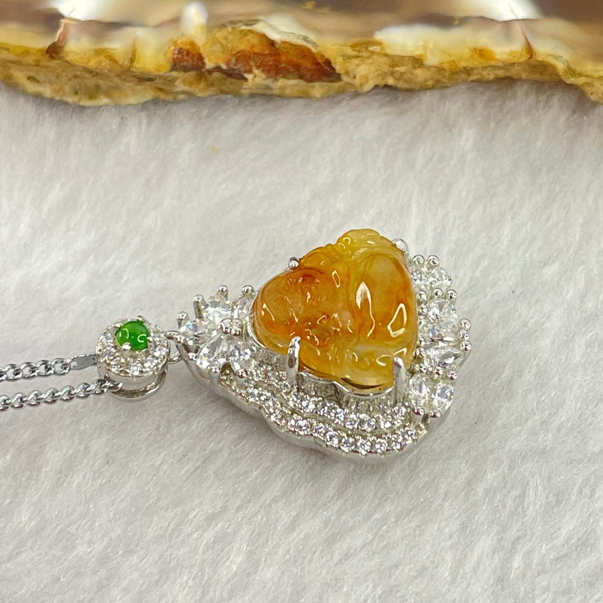 Type A Yellow Jadeite Milo Buddha 11.9 by 12.6 by 3.5mm Pendent with Crystals in S925 Sliver Necklace 5.41g - Huangs Jadeite and Jewelry Pte Ltd