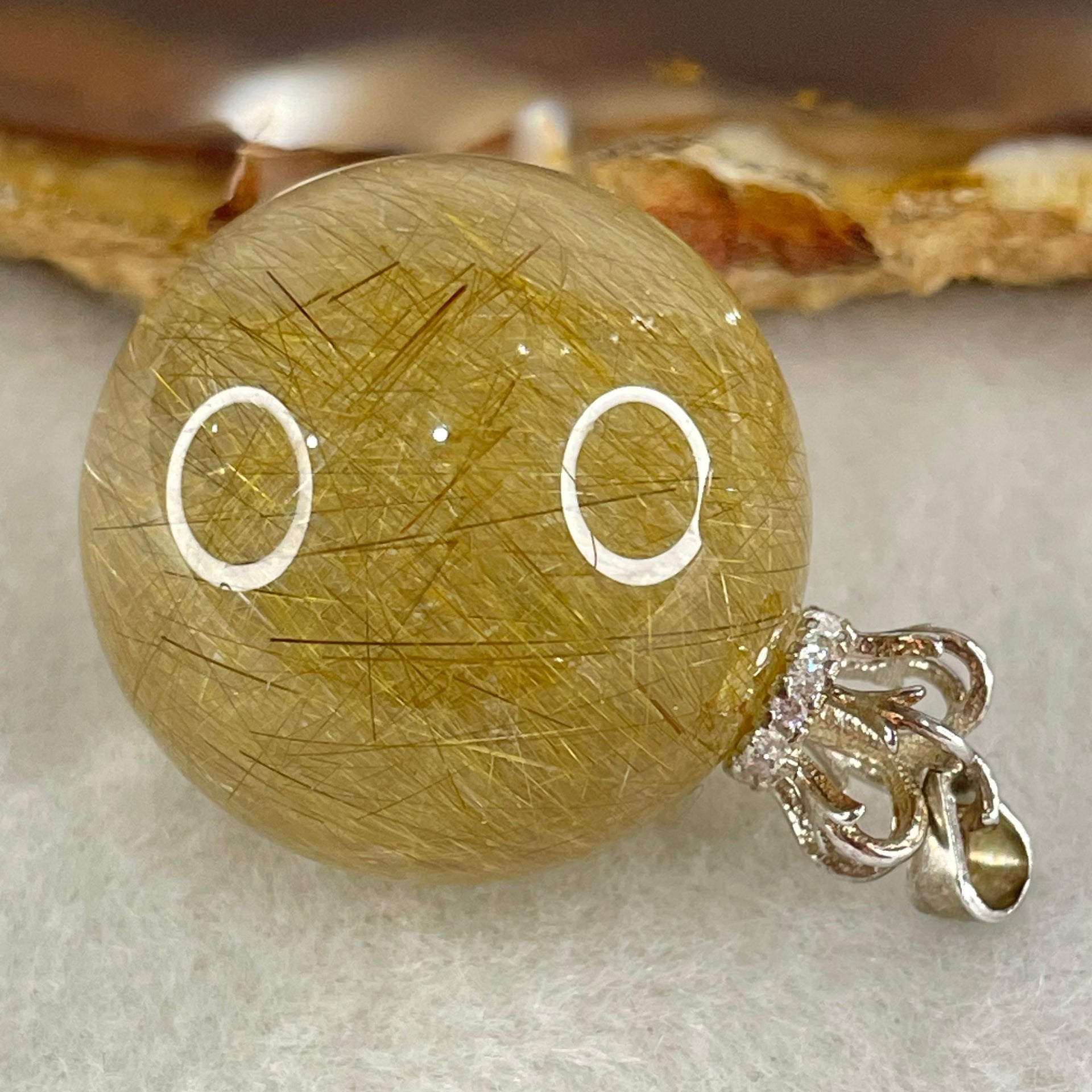 Good Grade Natural Golden Rutilated Quartz Bead in S925 Silver with Cubic Zirconia Pendant 16.50g 22.4mm - Huangs Jadeite and Jewelry Pte Ltd