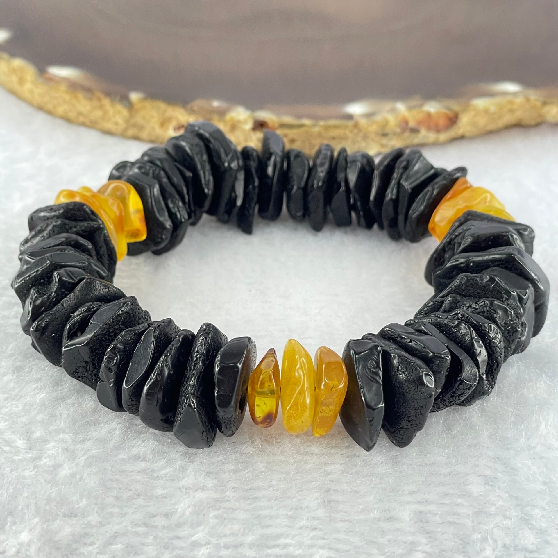 Natural Butterscotch and Blood Amber Irregular Beads Bracelet 28.44g 18cm 17.0 by 15.3 by 5.5mm to 10.9 by 9.8 by 4.0mm 53pcs - Huangs Jadeite and Jewelry Pte Ltd