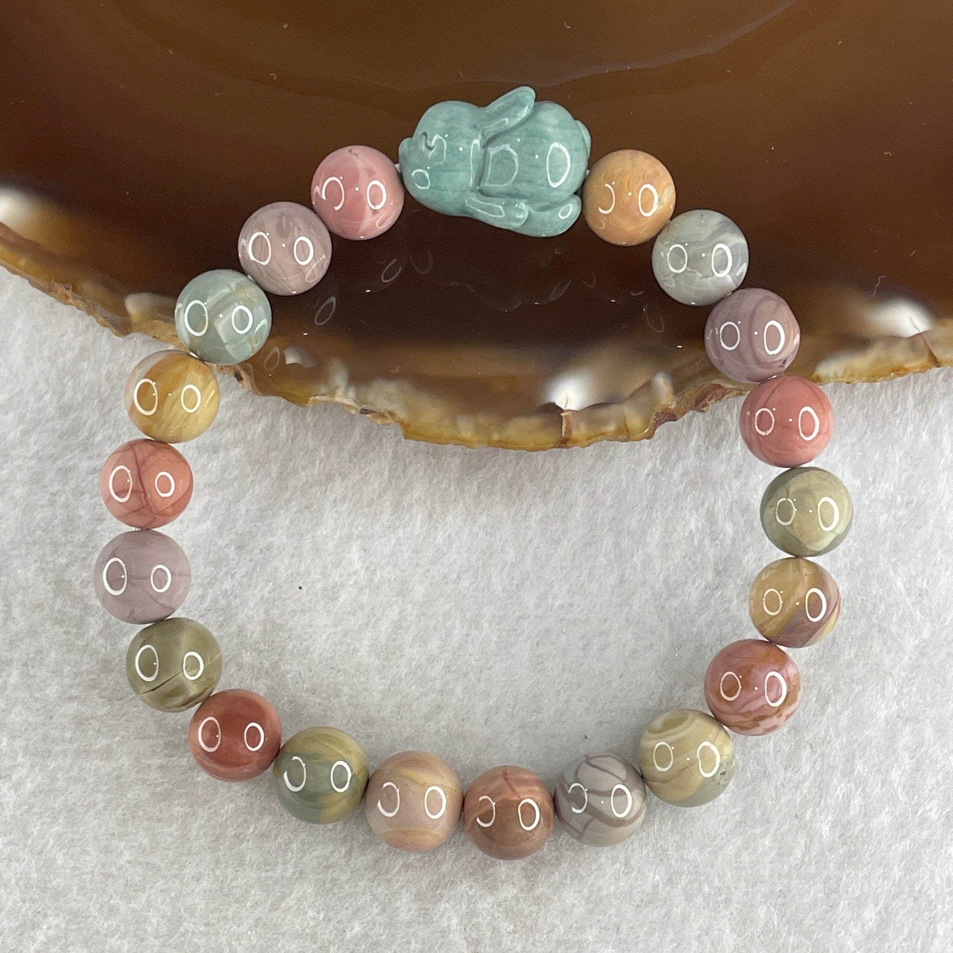 Natural Alashan Agate Pastels Pink Beads with Rabbit Charm Bracelet 21.69g 15.5cm 8.8mm 20Beads - Huangs Jadeite and Jewelry Pte Ltd
