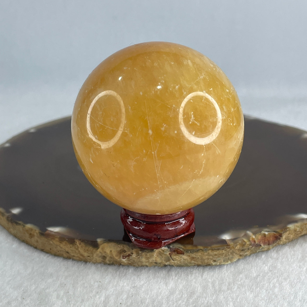Natural Yellow Calcite Ball Display with Wooden Stand 238.96g 55.1 by 65.0mm - Huangs Jadeite and Jewelry Pte Ltd