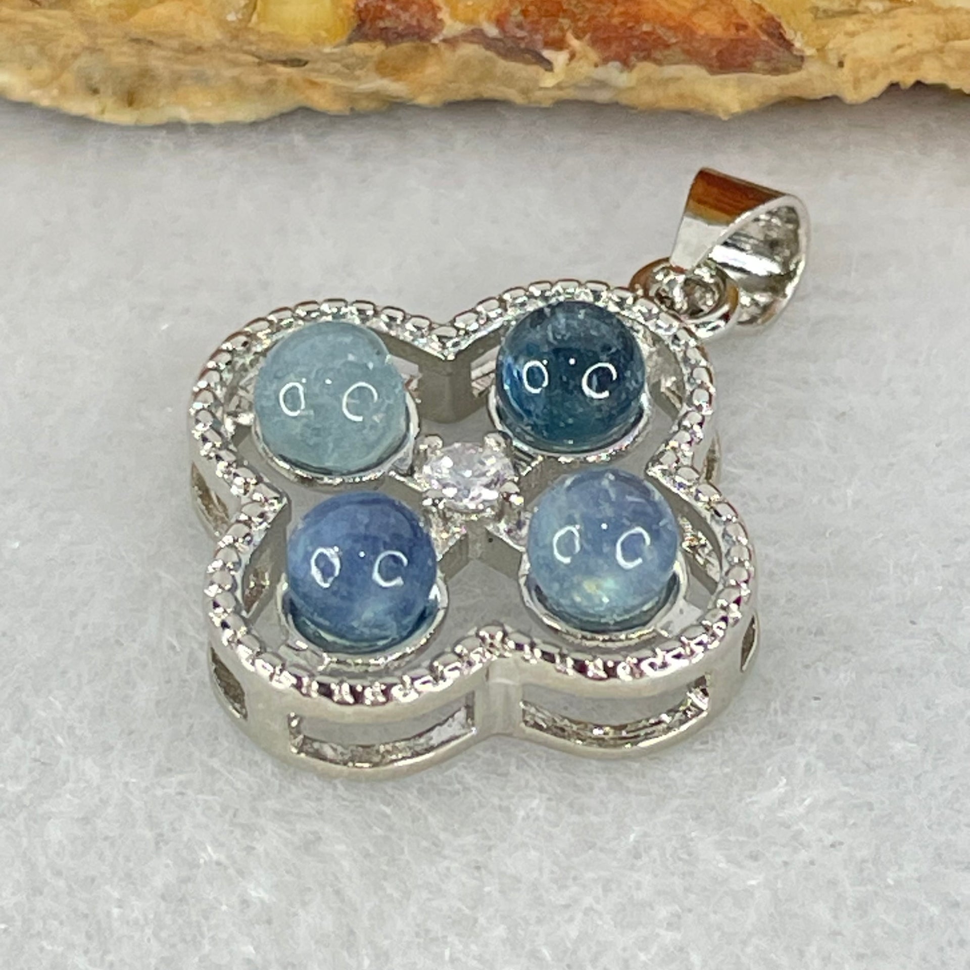 Above Average Grade Rare Natural Blue Dumortierite Rutilated Quartz in S925 Four Leaf Clover Pendant 2.32g 4.0mm 4pcs - Huangs Jadeite and Jewelry Pte Ltd