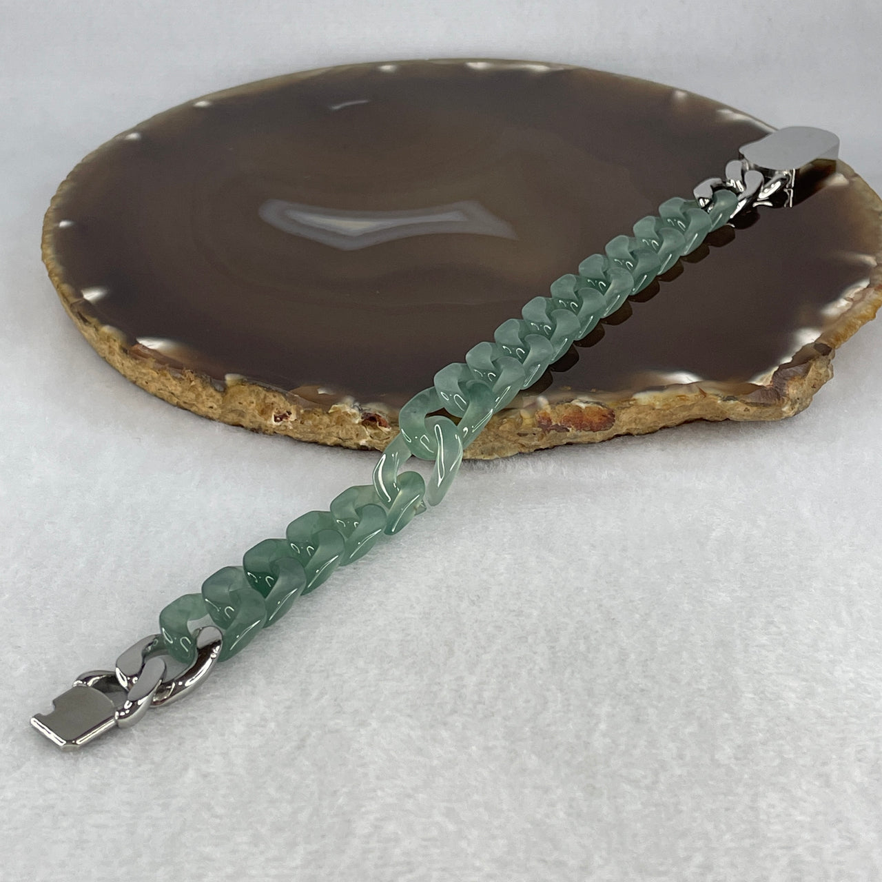 Certified Natural Type A Icy Blueish Green Jadeite Cuban Tennis Bracelet with Sliver Color Clasp 26.04g Up to 18cm 11.7 by 3.5mm 16 Pcs