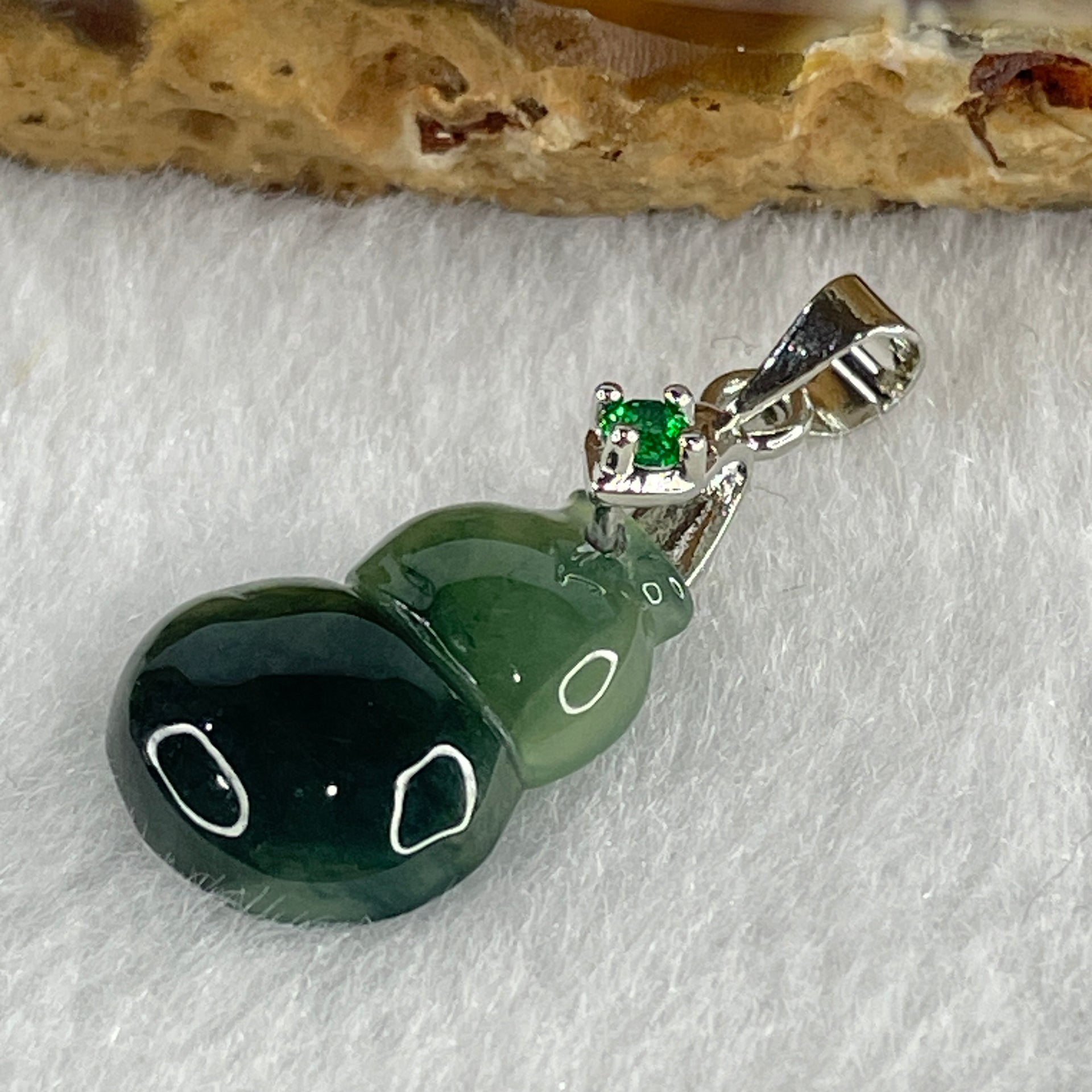 Natural Type A Semi Icy Dark Green Jadeite Calabash Hulu Pendant in Stainless Steel Clasp 1.69g 17.1 by 11.6 by 3.9mm - Huangs Jadeite and Jewelry Pte Ltd