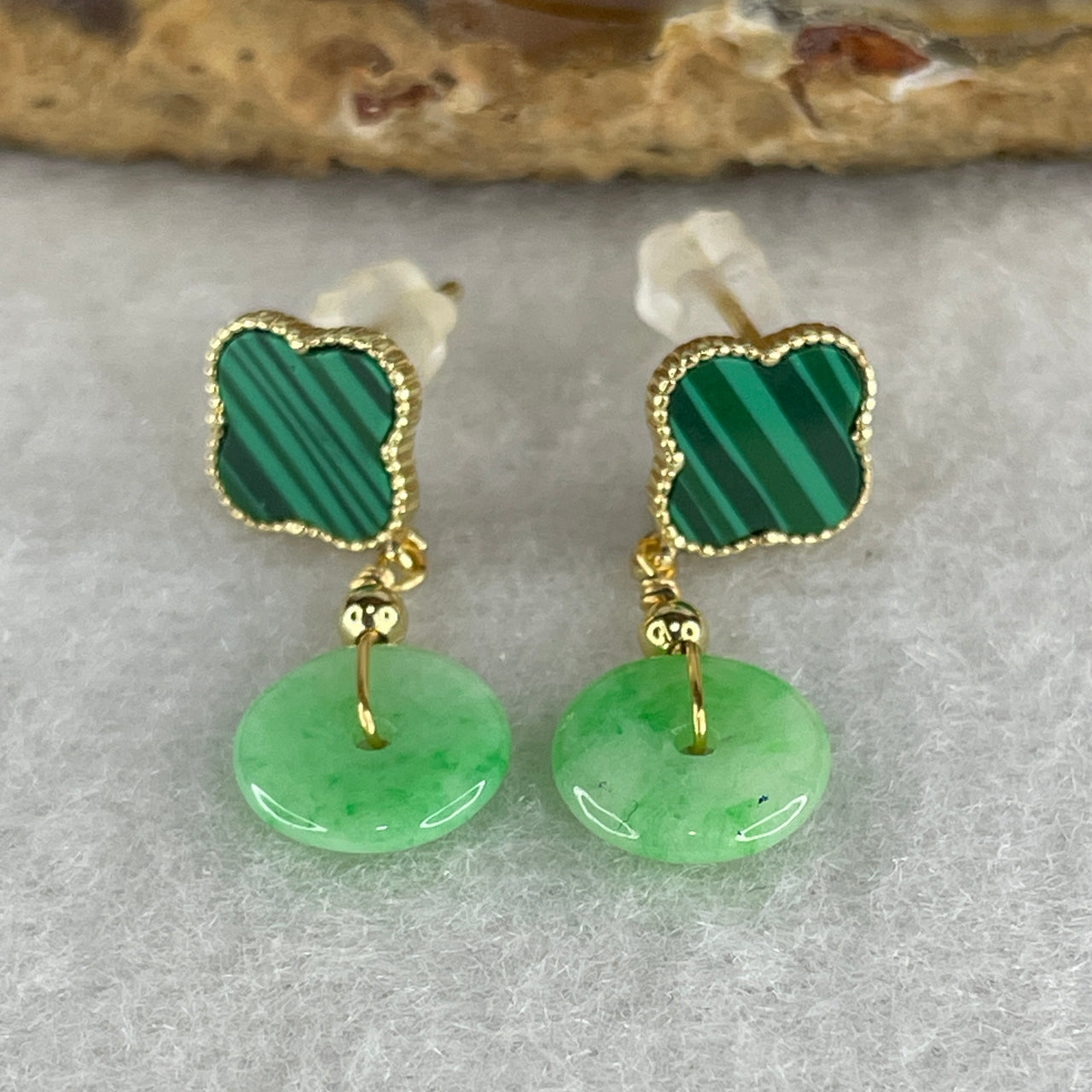 Natural Type A Apple Green Jadeite & Malachite Earrings | Gold Color Four Leaf Clover & Ping An Kou Donut Drops (1.70g)