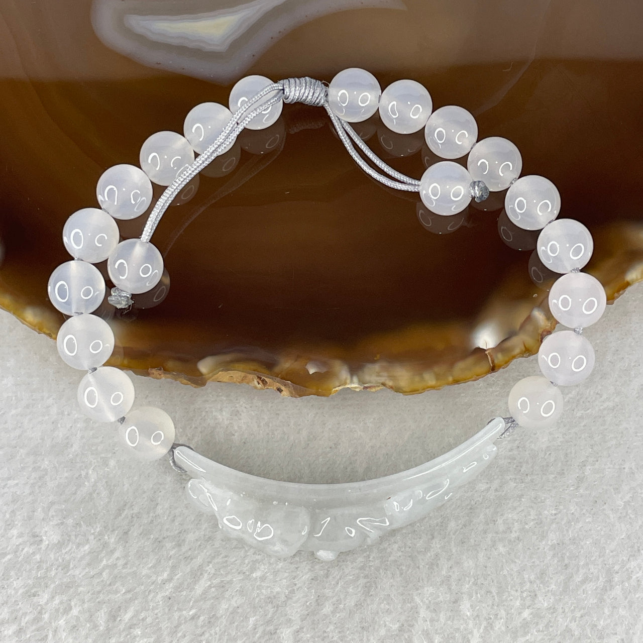 Natural Type A Faint Lavender Jadeite Nine-Tailed Fox 49.5x11.5x10.3mm Bracelet | Adjustable 14-21cm Bold 10.3mm Colorless Agate Beads Mystical Charm Strand (26.14g)