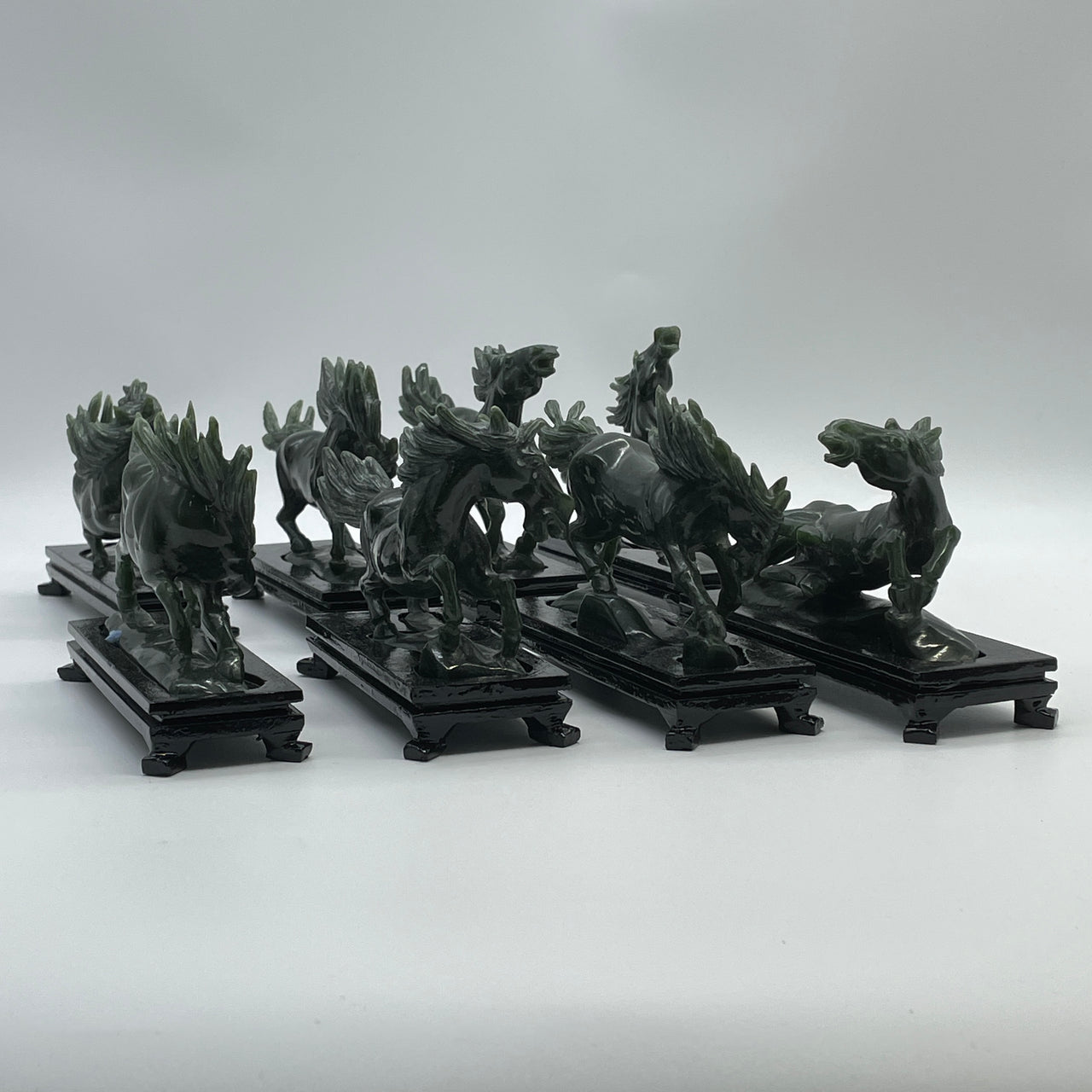 Natural Dark Green Serpentine Set of 8 Horse with Wooden Stand Display 1,477.5g Each about L135.0 by B42.0 by H98.0 mm