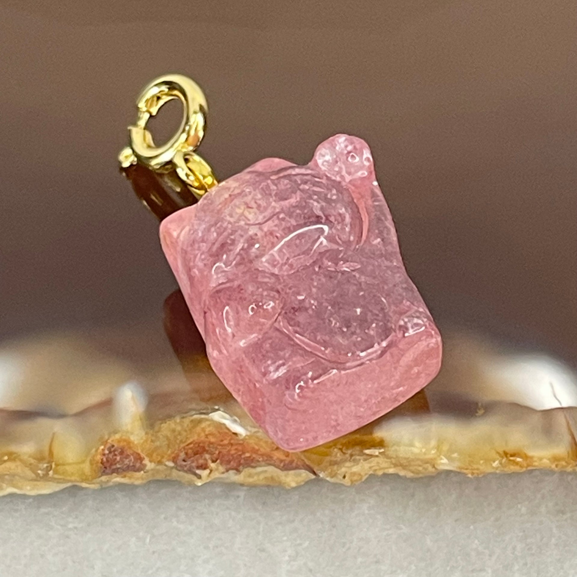 Natural Strawberry Quartz Fortune Cat Charm 4.00g 17.6 by 12.8 by 9.7mm - Huangs Jadeite and Jewelry Pte Ltd