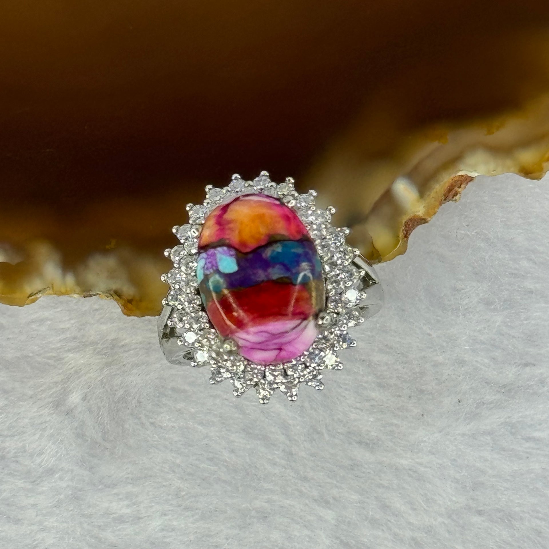 Rainbow Calsilica in S925 Sliver Ring 19.0 by 14.9 by 6.5mm US5.75 HK12.5 - Huangs Jadeite and Jewelry Pte Ltd