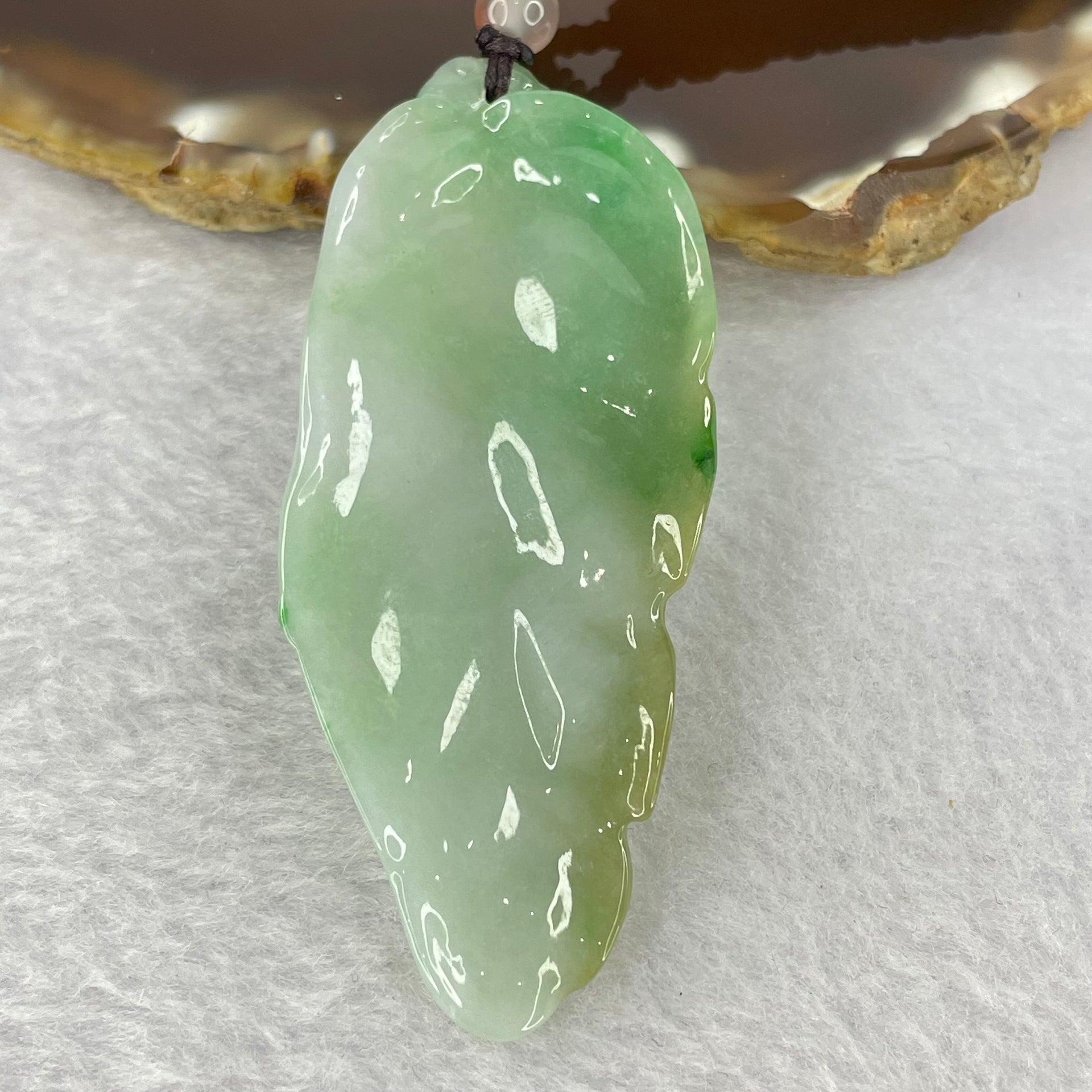 Type A Light Green with Green Jadeite Bee on Leaf Pendent 22.23g 67.2 by 27.8 by 7.0mm - Huangs Jadeite and Jewelry Pte Ltd