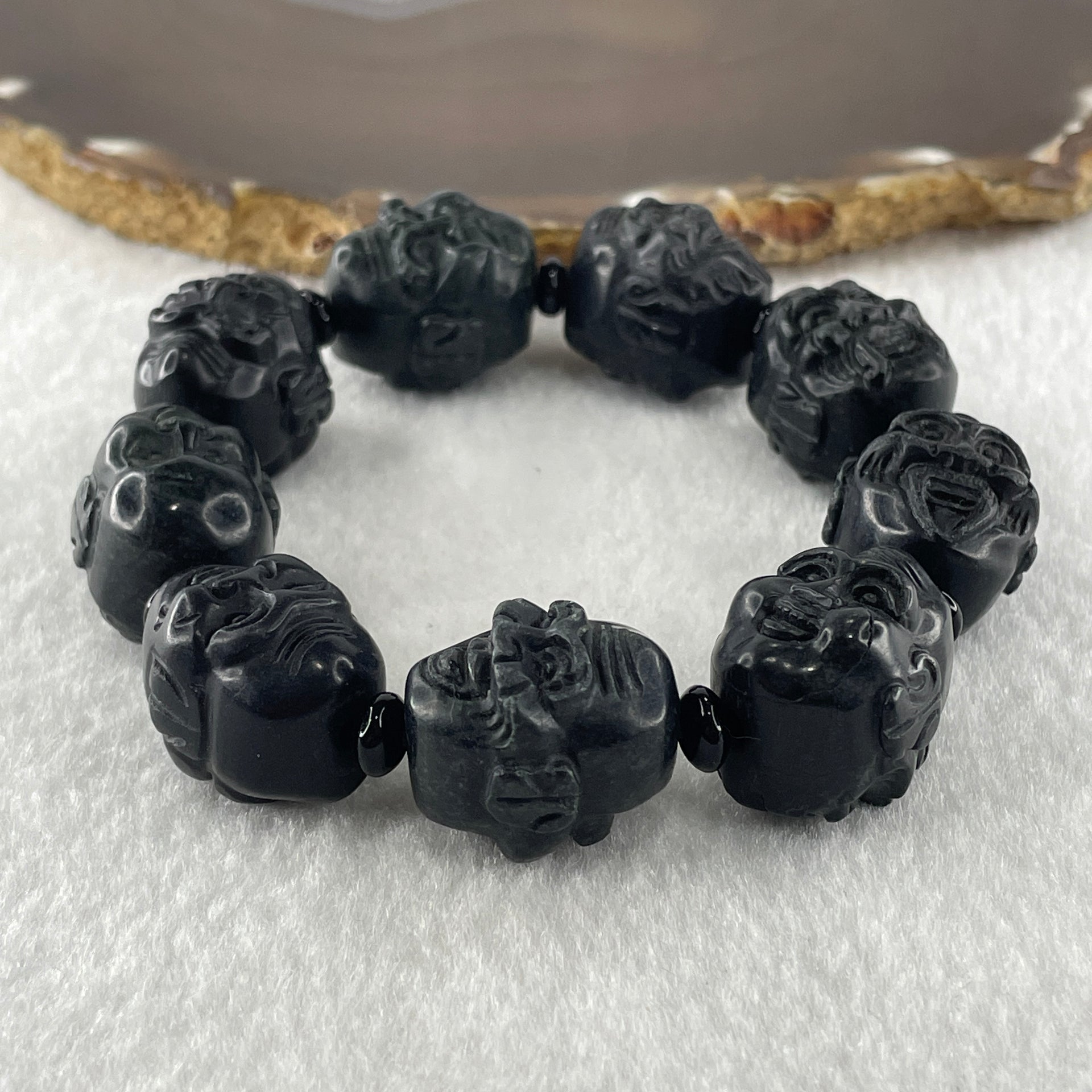 Type A Opaque Black Omphacite Jadeite Eighteen Arhats or 18 Luohans  十八羅漢 Head Beads Bracelet 101.90g 16cm 19.9mm 9 Beads - Huangs Jadeite and Jewelry Pte Ltd