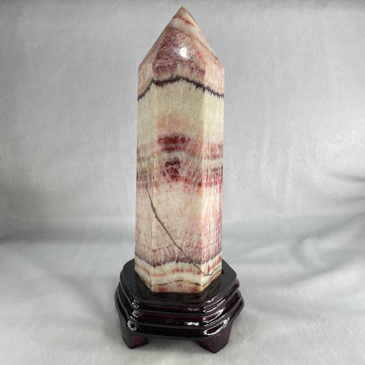 Natural Pink Calcite Tower with Wooden Stand Display 1527.4g 105.5 by 99.5 by 230.0mm - Huangs Jadeite and Jewelry Pte Ltd