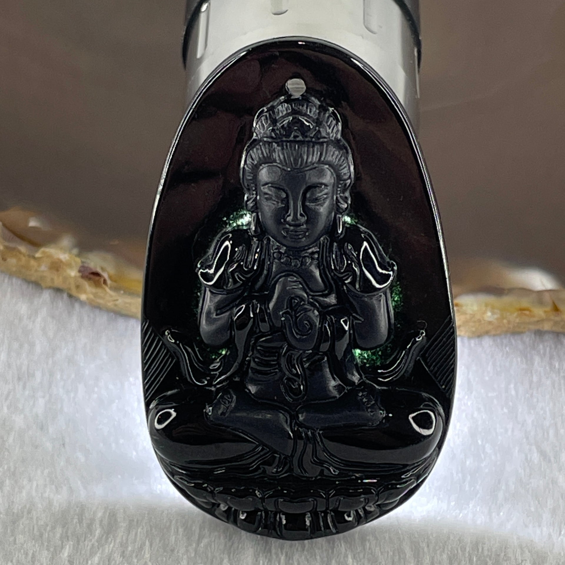 Type A Opaque to Partial Translucent Black Omphacite Jadeite Da ri ru lai 大日如來 Vairocana Buddha Pendant Goat and Monkey Zodiac Guardian 17.20g 53.0 by 32.9 by 9.6mm - Huangs Jadeite and Jewelry Pte Ltd