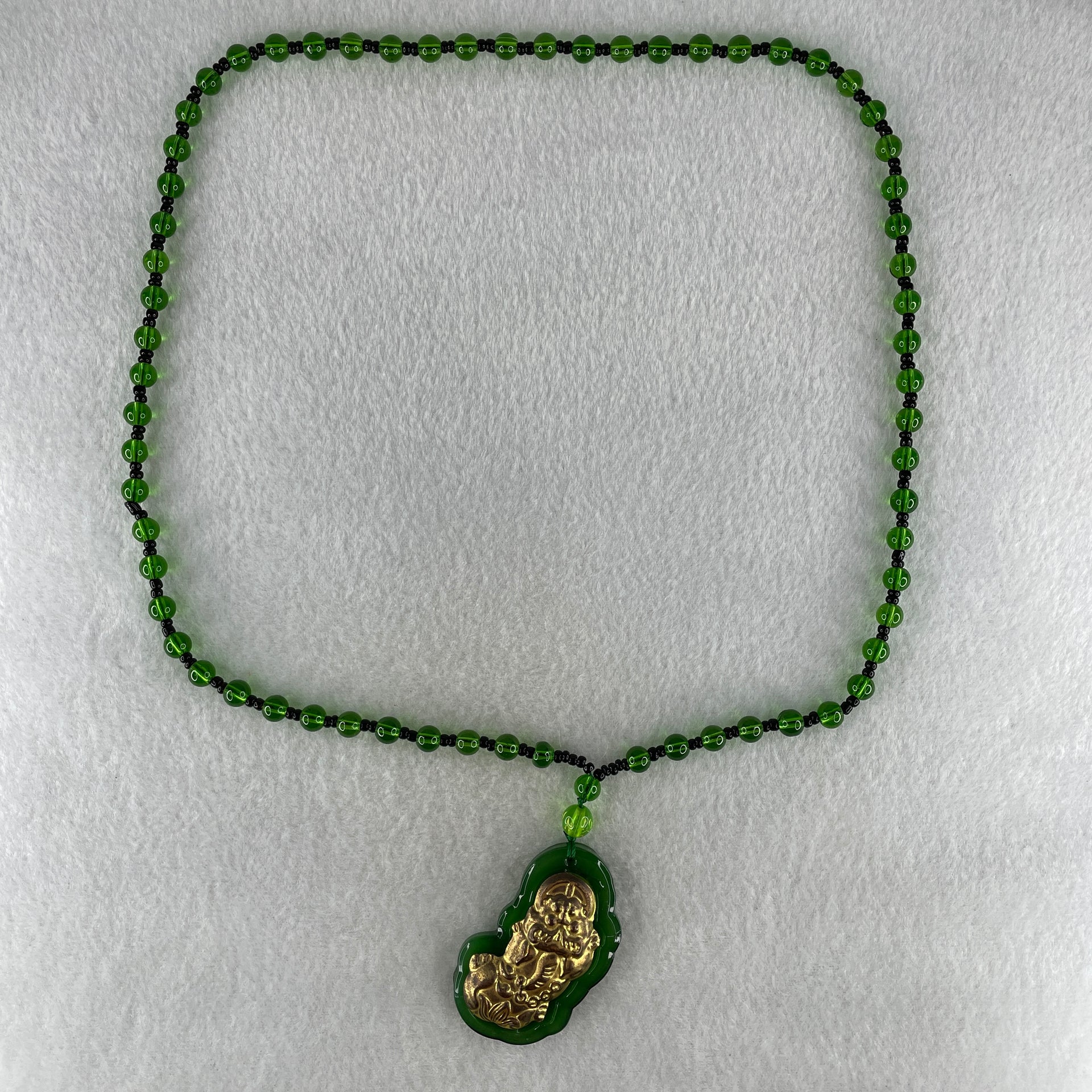 Man Made Brass Pixiu Green Color Beads Necklace 44.42g 64cm 50.3 by 31.6 by 11.5mm - Huangs Jadeite and Jewelry Pte Ltd