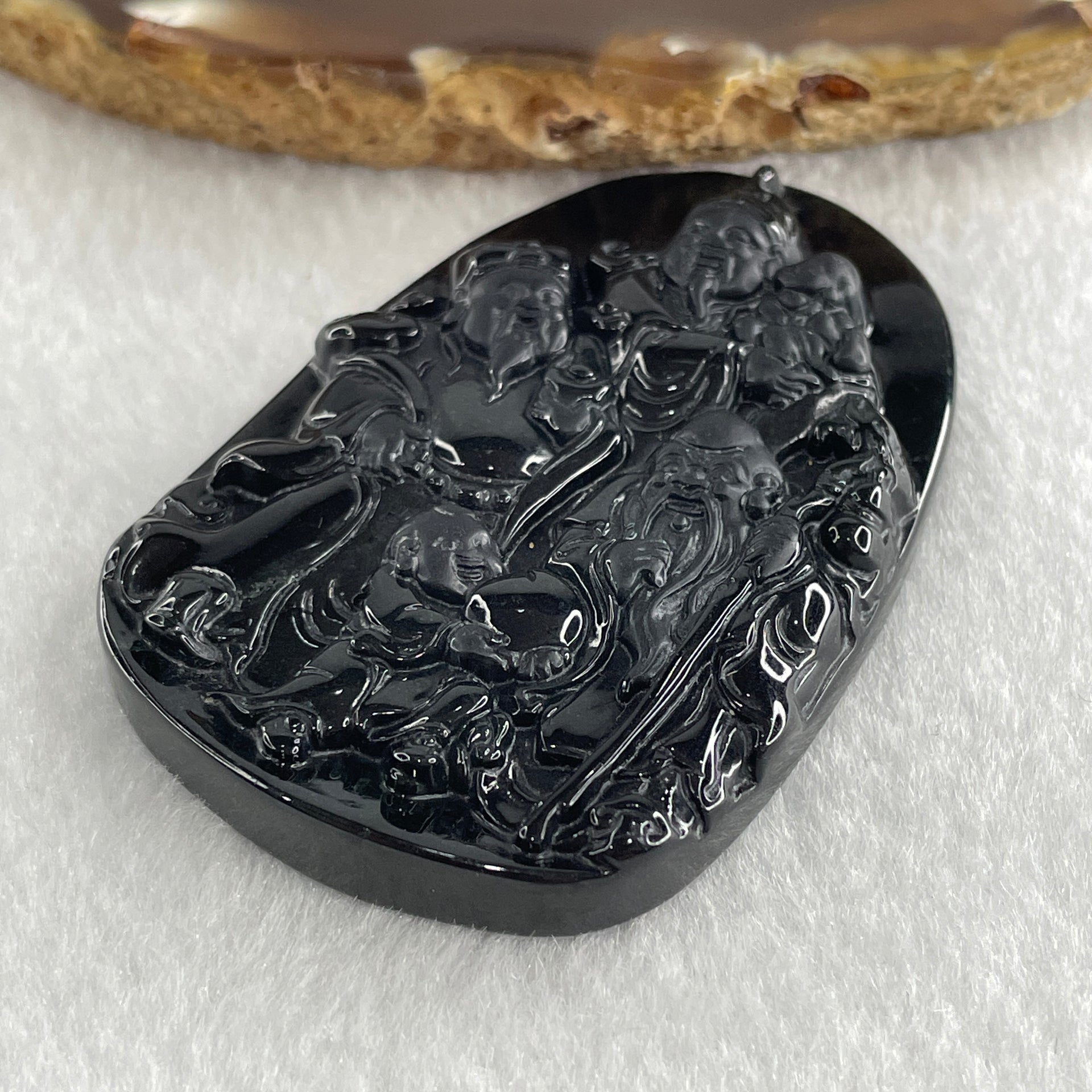 Type A Opaque to Partial Translucent Black Omphacite Jadeite Fu Lu Shou Pendant 29.69g 59.6 by 40.3 by 7.6mm - Huangs Jadeite and Jewelry Pte Ltd