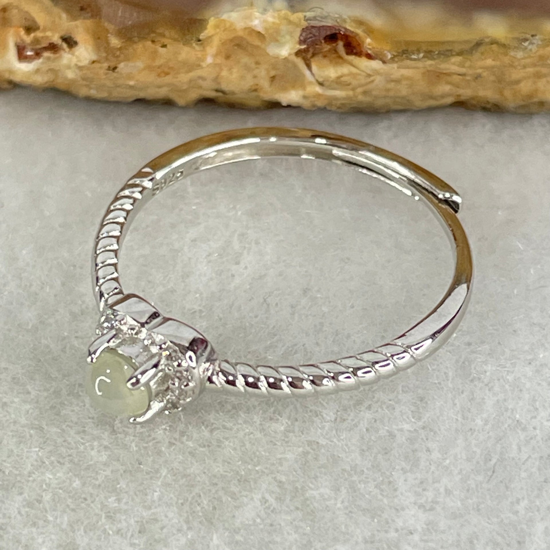 Type A Semi Icy Lavender Cabochon Jadeite in S925 Sliver Heart Ring (Adjustable Size) 1.10g 2.7 by 2.5mm - Huangs Jadeite and Jewelry Pte Ltd