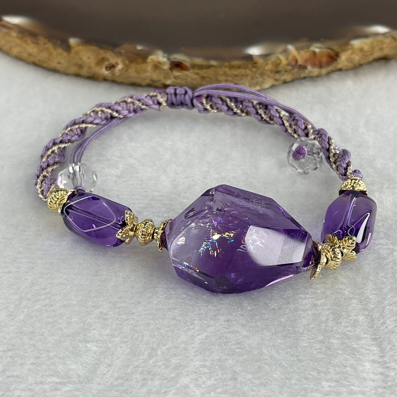 Good Grade Natural Rainbow Amethyst Odd Shape with Barrel Beads String Bracelet 15.79g 15-18cm 26.2 by 19.3 by 12.7mm 1 Bead - 8.7mm 2 Beads