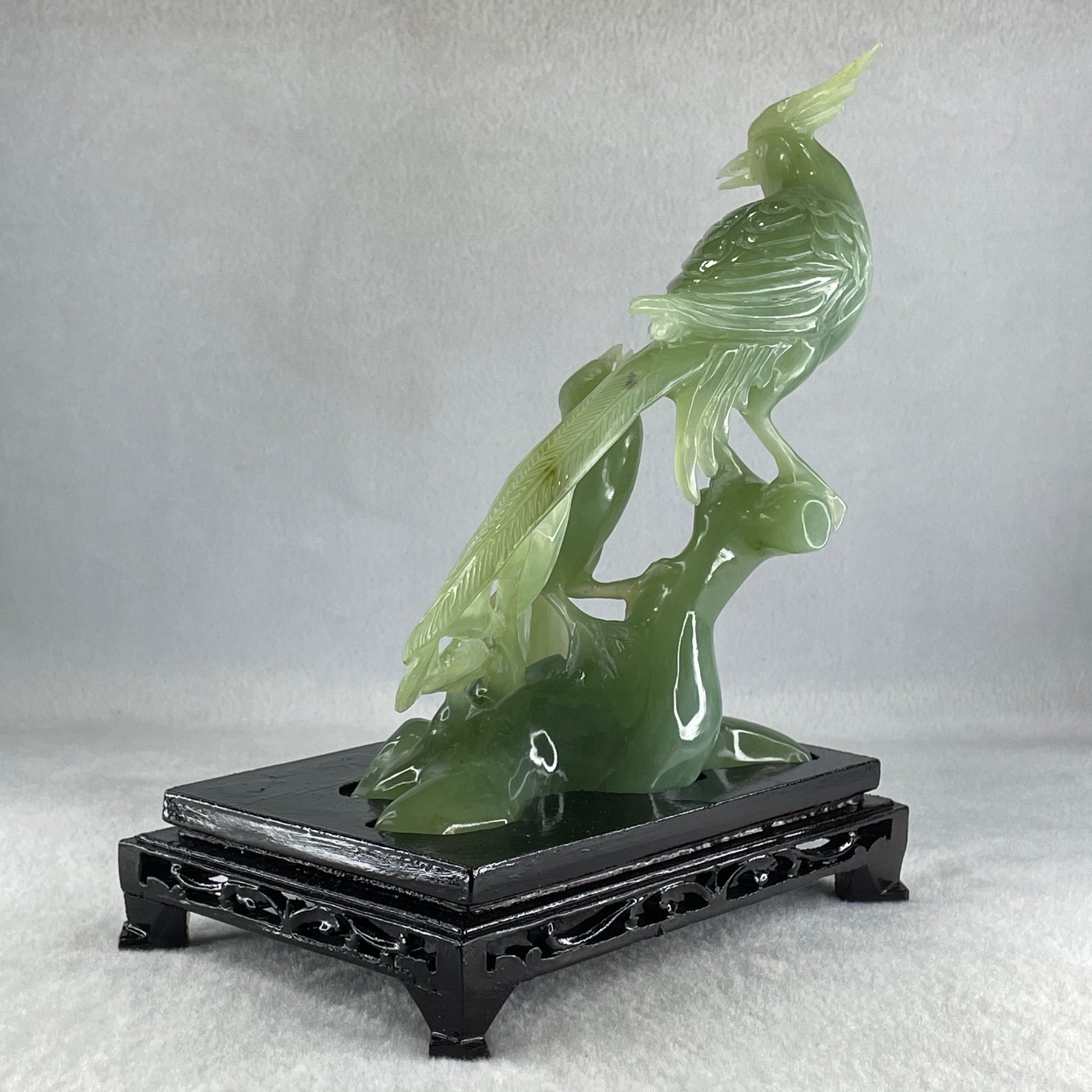 Natural Green Serpentine Double Phoenix on Tree with Wooden Stand Display 725.5g 169.0 by 210.0 by 112.0mm - Huangs Jadeite and Jewelry Pte Ltd