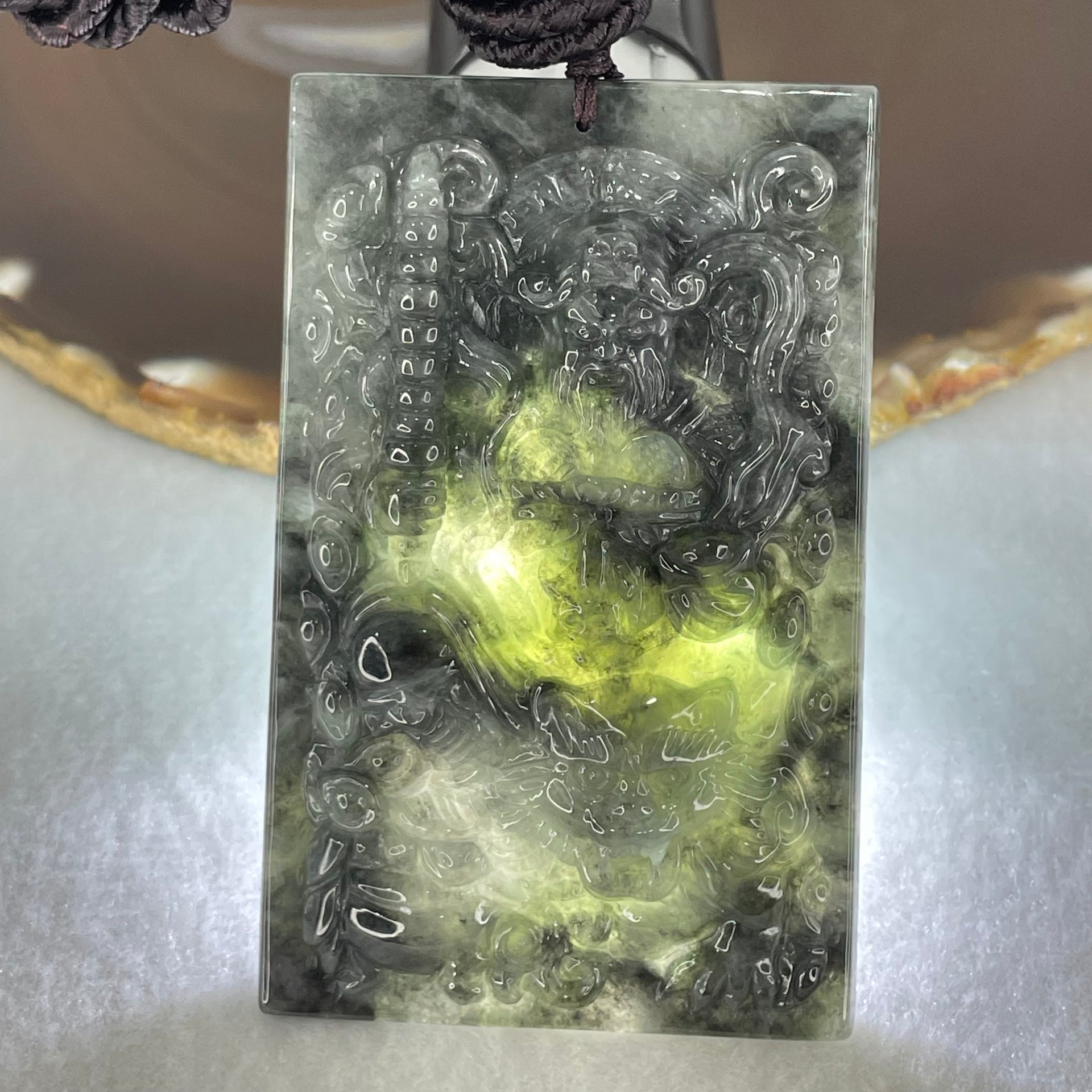 Type A Wuji Black with Light Green Jadeite Zhao Gong Yuashuai God Of Wealth Pendant 70.89g 72.9 by 5.9 by 11.2mm - Huangs Jadeite and Jewelry Pte Ltd