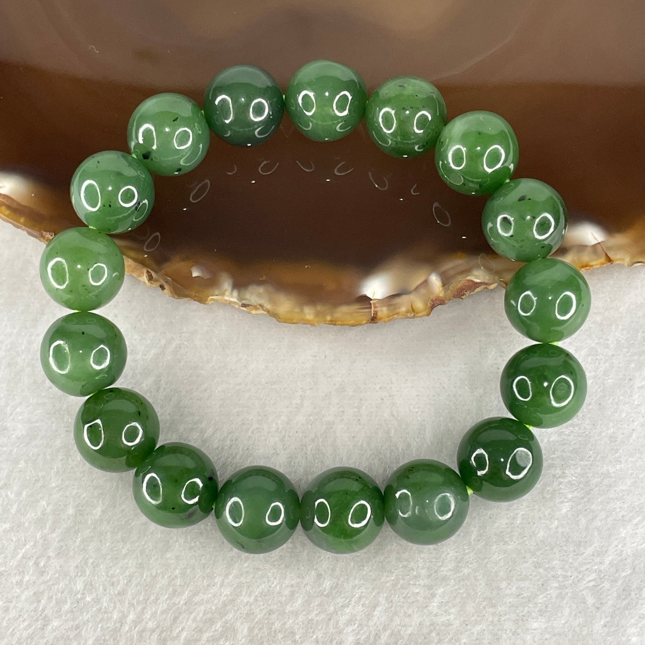 Certified Natural Nephrite Bracelet 47.9g - 12.2mm x 17 Beads - 16.5cm Length - Full Green Grade A Untreated Nephrite Jade Jewelry