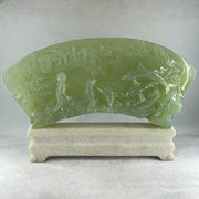 Natural Semi Icy Green Serpentine 3 Seals with Double Whales on Shan Shui with Stone Stand Display  3,486.0g 326.0 by 50.0 by 210.0mm - Huangs Jadeite and Jewelry Pte Ltd