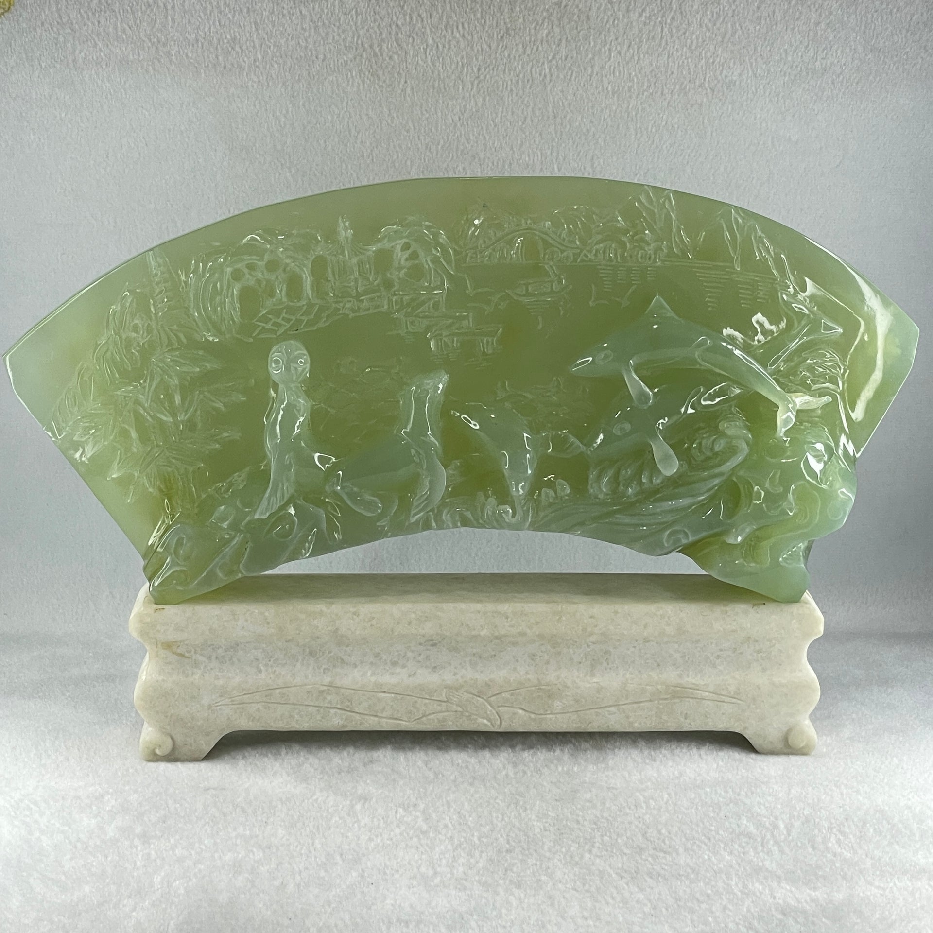 Natural Semi Icy Green Serpentine 3 Seals with Double Whales on Shan Shui with Stone Stand Display  3,486.0g 326.0 by 50.0 by 210.0mm - Huangs Jadeite and Jewelry Pte Ltd
