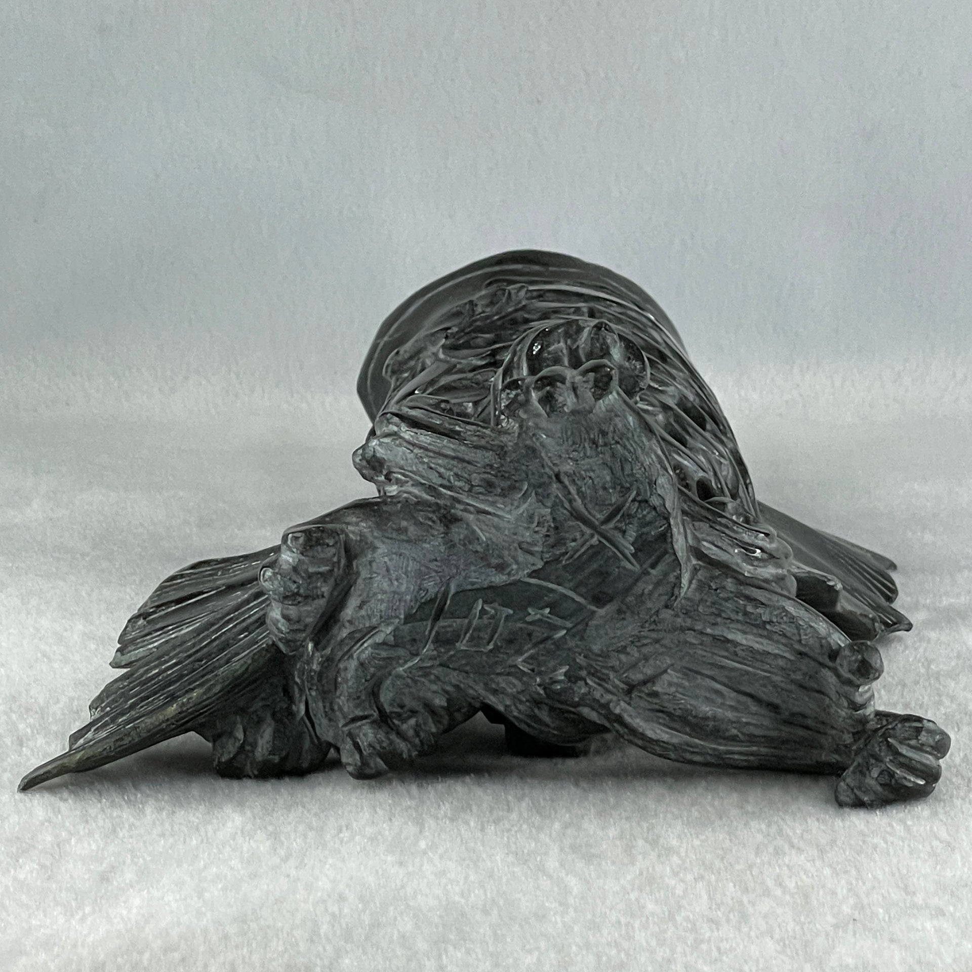 Natural Dark Green Serpentine Carp Fish with Wooden Stand Display 1,119.0g 175.0 by 100.0 by 240.0mm - Huangs Jadeite and Jewelry Pte Ltd