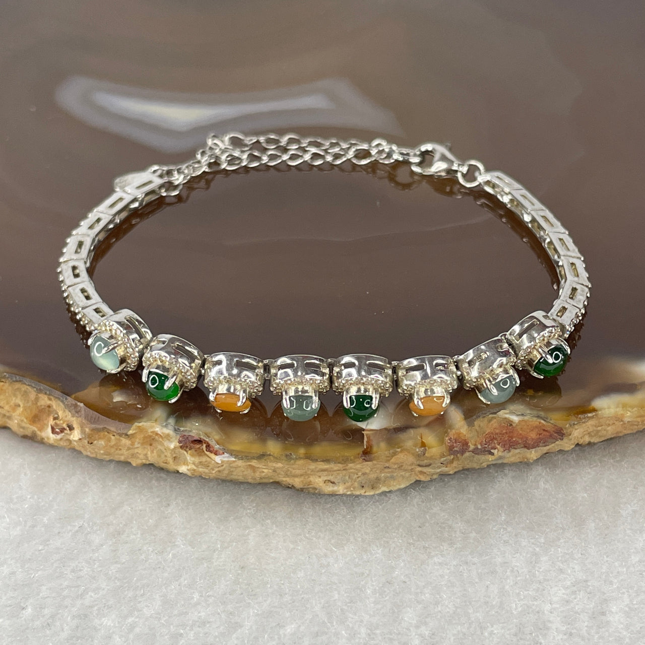 Natural Type A Icy Multicolor Jadeite 8-Stone Bracelet | S925 Sterling Silver Adjustable 13-16cm Blueish Green & Yellow Glacial Layering Chain (7.91g 3.9x2.0mm 8 pcs)