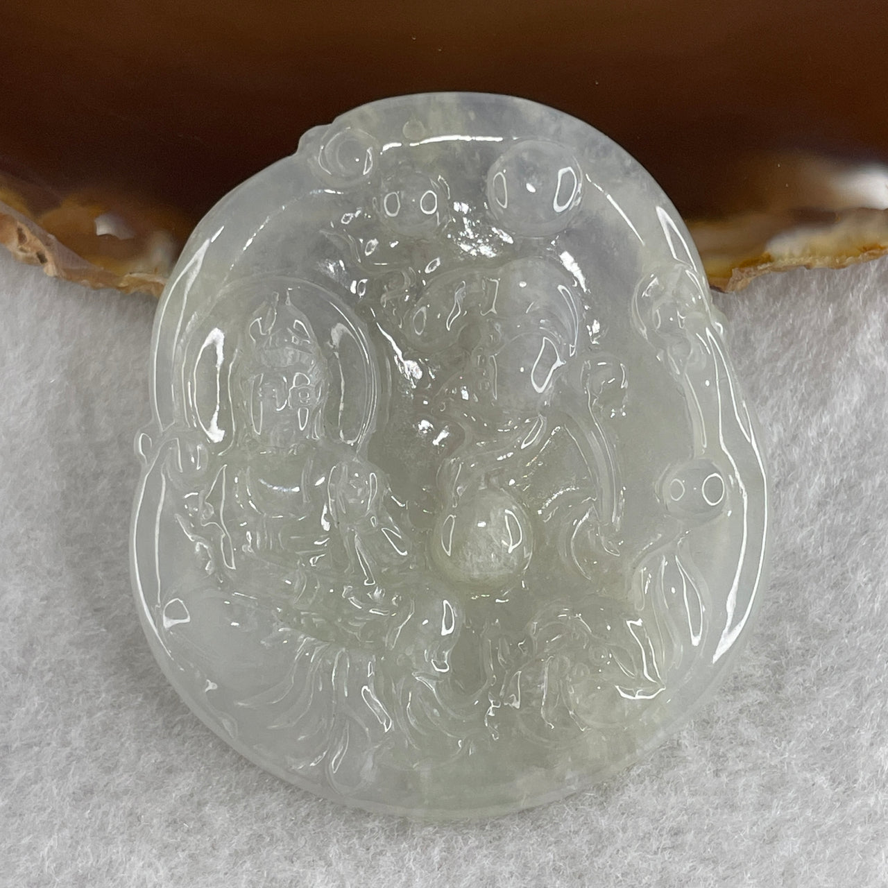 Natural Type A Semi Icy Colorless Jadeite Guan Yin with Lotus Flower Pendant 23.37g 52.8 by 46.7 by 5.2mm - Huangs Jadeite and Jewelry Pte Ltd