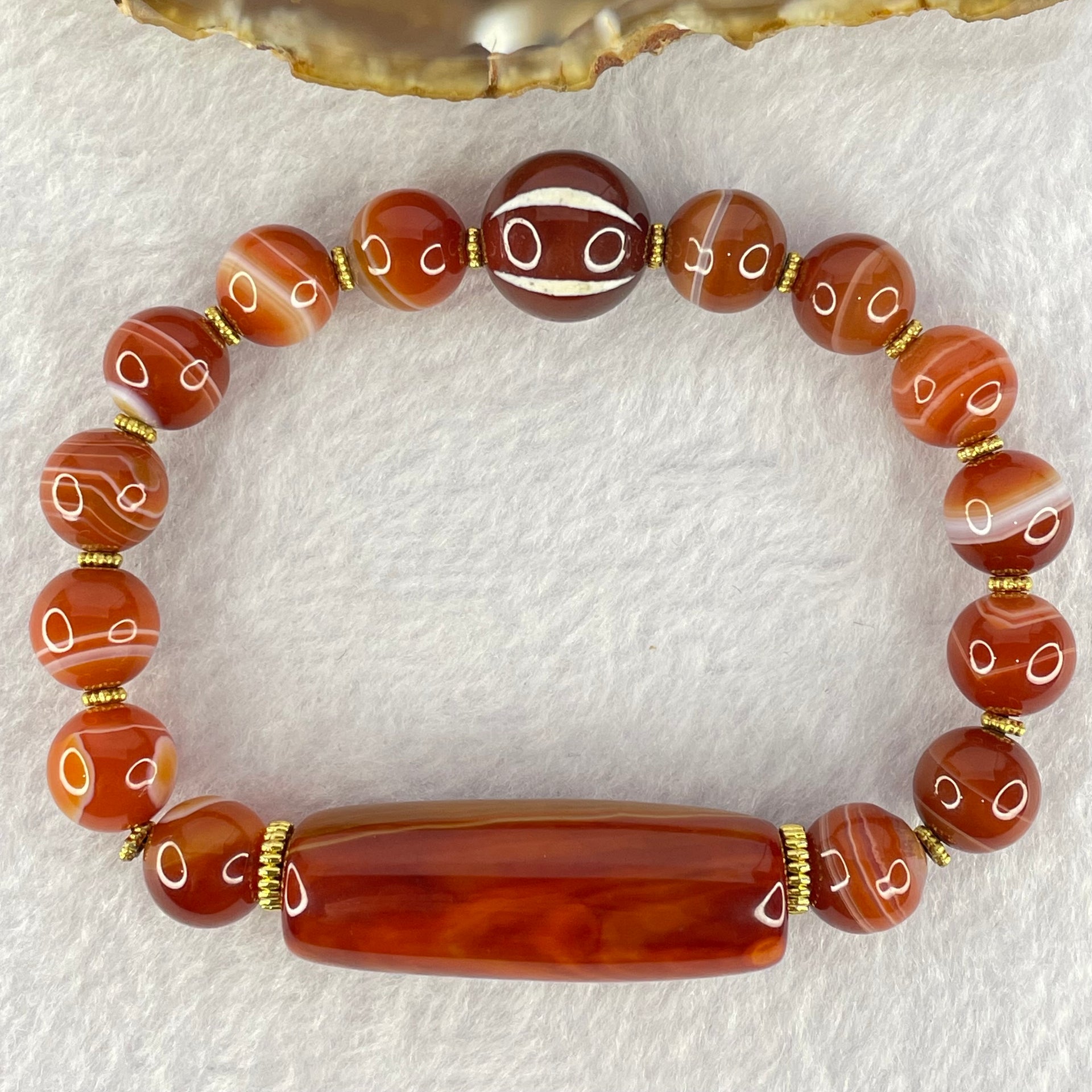 Natural Carnelian Agate Beads Bracelet 40.57g 19cm 36.6 by 10.6mm, 10.6mm 1 Pcs, 6.4mm 14 Beads - Huangs Jadeite and Jewelry Pte Ltd