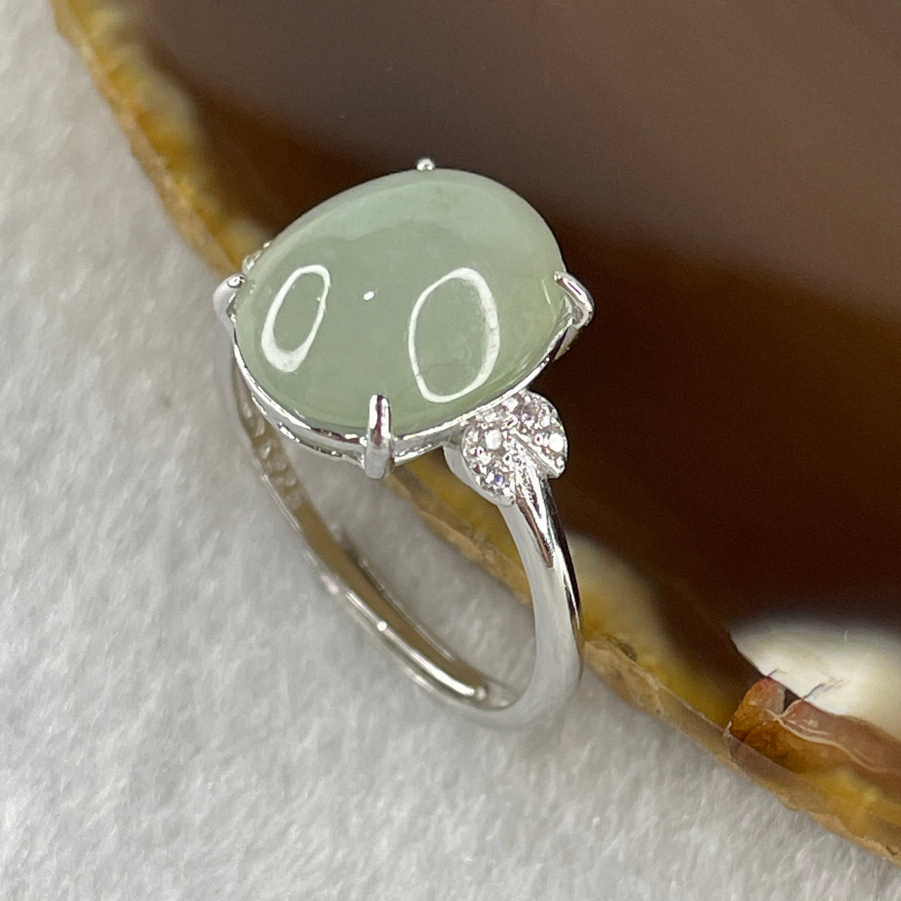 Natural Type A Semi Icy Faint Green Jadeite Oval Shape Cabouchon in S925 Silver Ring (Adjustable Size) 2.26g 11.3 by 9.1 by 5.0mm