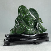 Natural Dark Green Serpentine Siting Milo Buddha with Waving Fan with Wooden Stand Display 765.0g 180.0 by 90.0 by 115.0mm - Huangs Jadeite and Jewelry Pte Ltd