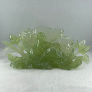 Natural Semi Icy Green Serpentine Tong Zhi on Lotus Leaf and Lotus Flower with Wooden Stand Display 1,458.5g L270.0 by B96.0 by H158.0mm - Huangs Jadeite and Jewelry Pte Ltd