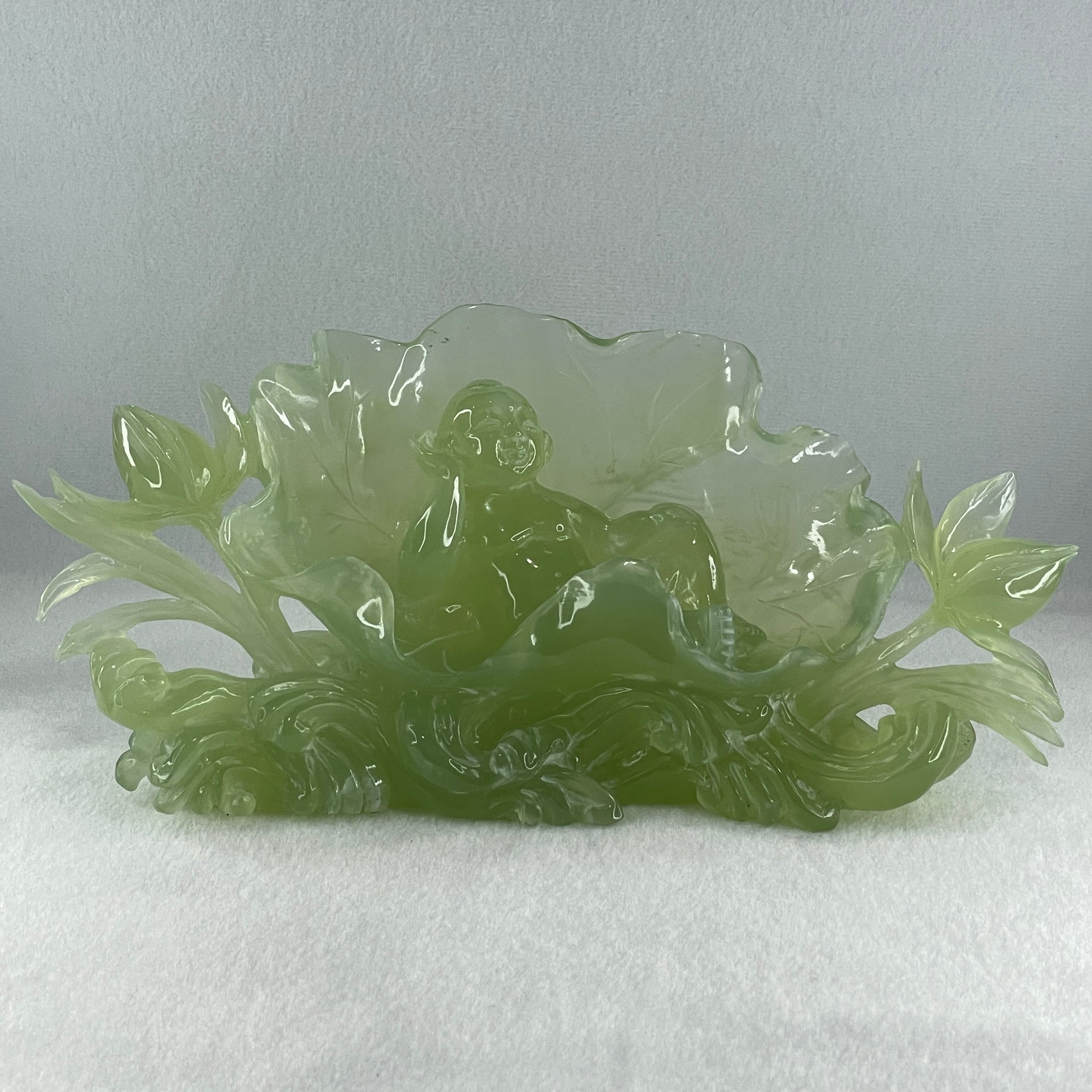 Natural Semi Icy Green Serpentine Tong Zhi on Lotus Leaf and Lotus Flower with Wooden Stand Display 1,458.5g L270.0 by B96.0 by H158.0mm - Huangs Jadeite and Jewelry Pte Ltd
