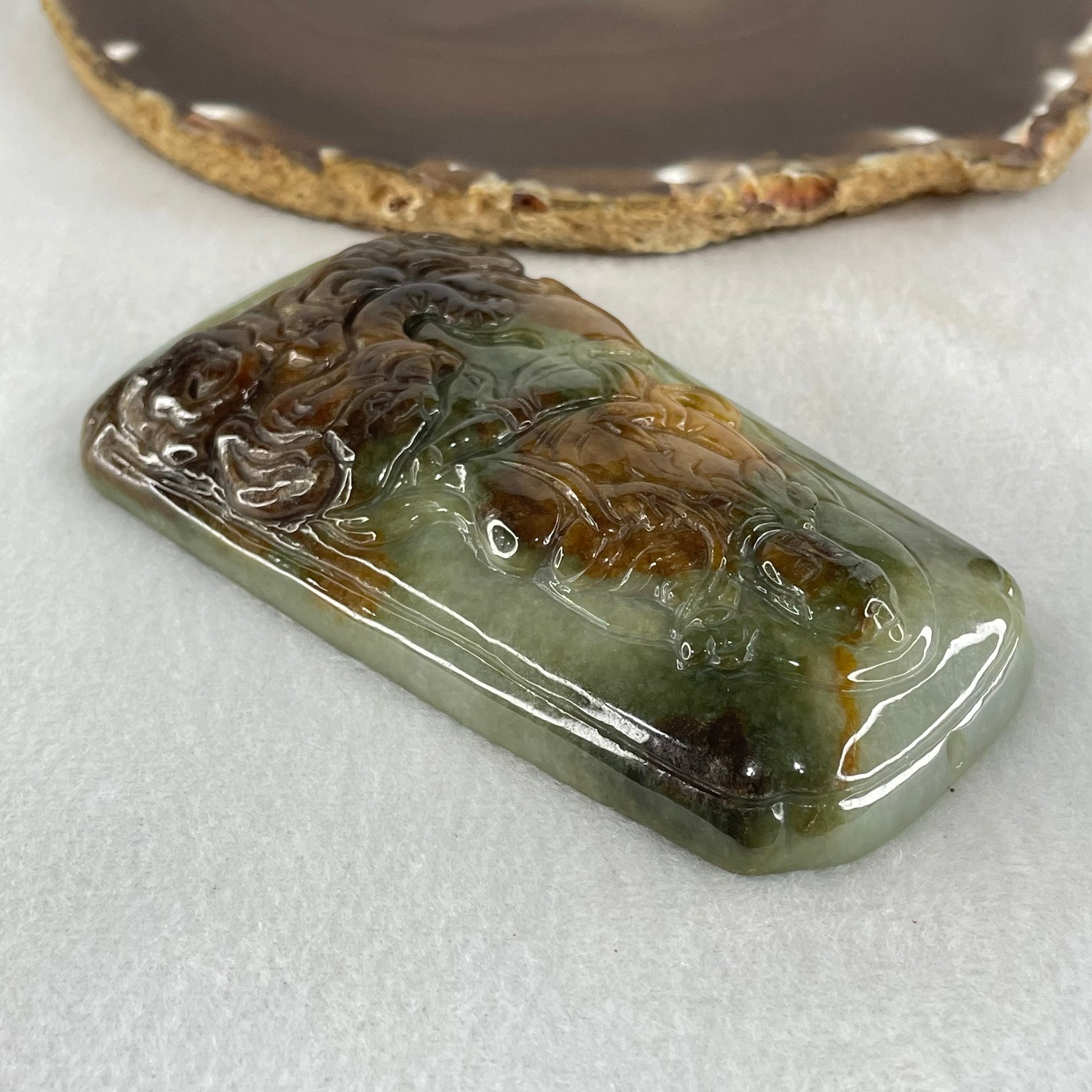 Type A Blueish Green with Brown Jadeite Samantabhadra Bodhisattva Guan Yin on Elephant and Shan Shui Pendant 188.54g with Wooden Stand Display Total 530.1g 122.5 by 91.0 by 156.0mm - Huangs Jadeite and Jewelry Pte Ltd