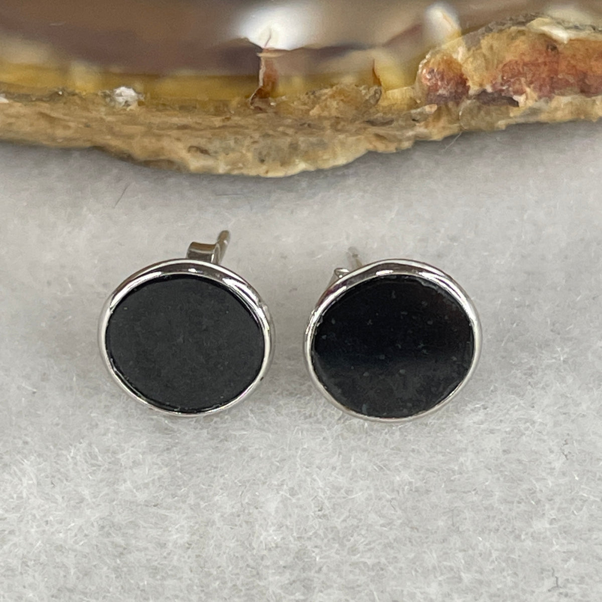 Certified Type A Black Omphacite Jadeite Round Earrings in S925 Silver | (0.86g Total Weight | 8.0x1.2mm | S925 Sterling Silver | Synergy, Negative Energy Shield, Wealth Retention & Minimalist Protection)
