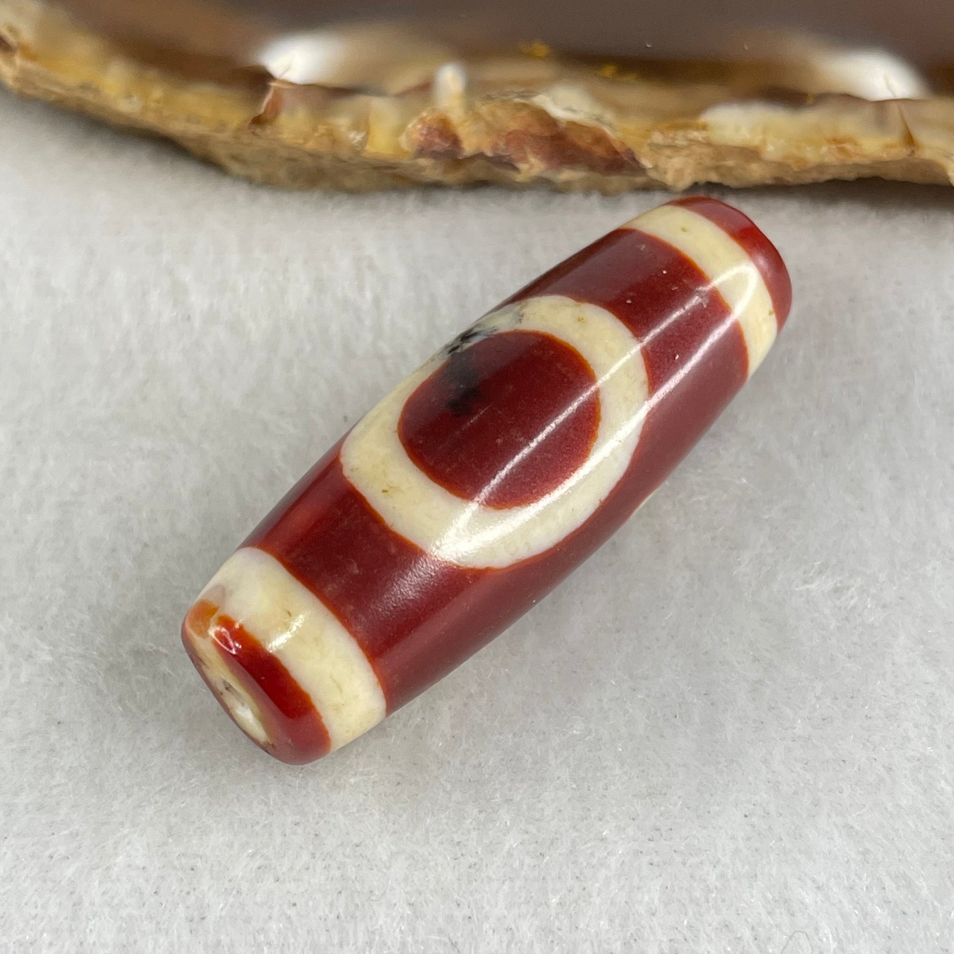 Natural Powerful Tibetan Old Oily Red White Agate One Eye Gold Metal Element Dzi Bead Heavenly Master (Tian Zhu) 一眼金天珠 10.59g 38.0 by 13.3mm - Huangs Jadeite and Jewelry Pte Ltd