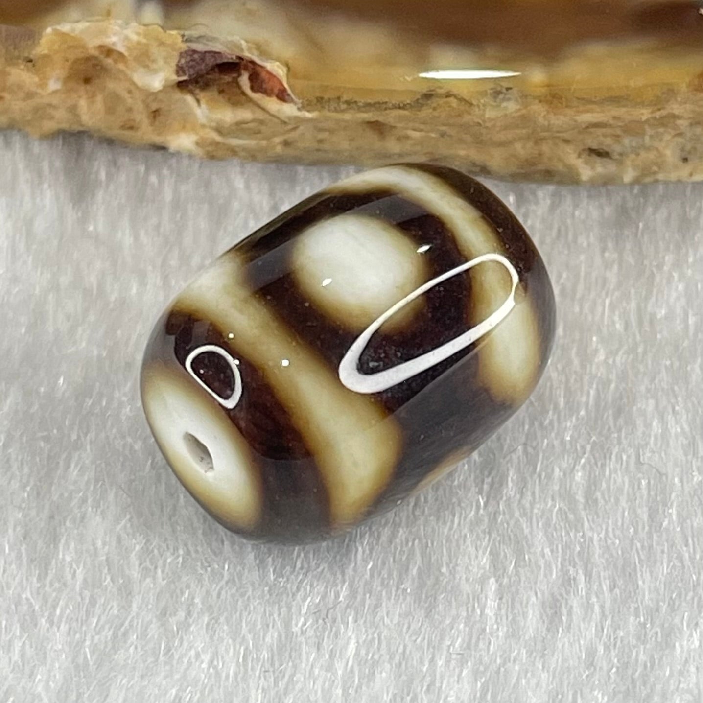 Natural Powerful Tibetan Old Oily Dark Brown with White Agate 3 Eyes Dzi Bead Heavenly Master (Tian Zhu) 三眼天诛 2.87g 13.7 by 11.0mm - Huangs Jadeite and Jewelry Pte Ltd