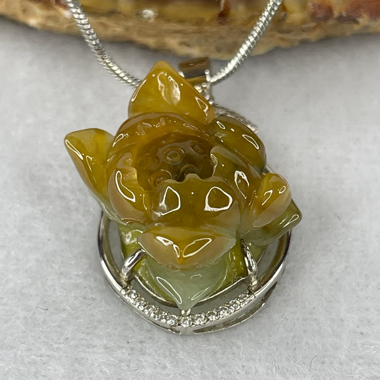 Certified Natural Type A Yellowish & Green Jadeite Lotus Flower Pendant | Premium S925 Sterling Silver Setting | Authentic Myanmar Feicui Three-Dimensional Purity & Wealth Amulet (8.56g | 21.3x19.8x10.0mm)